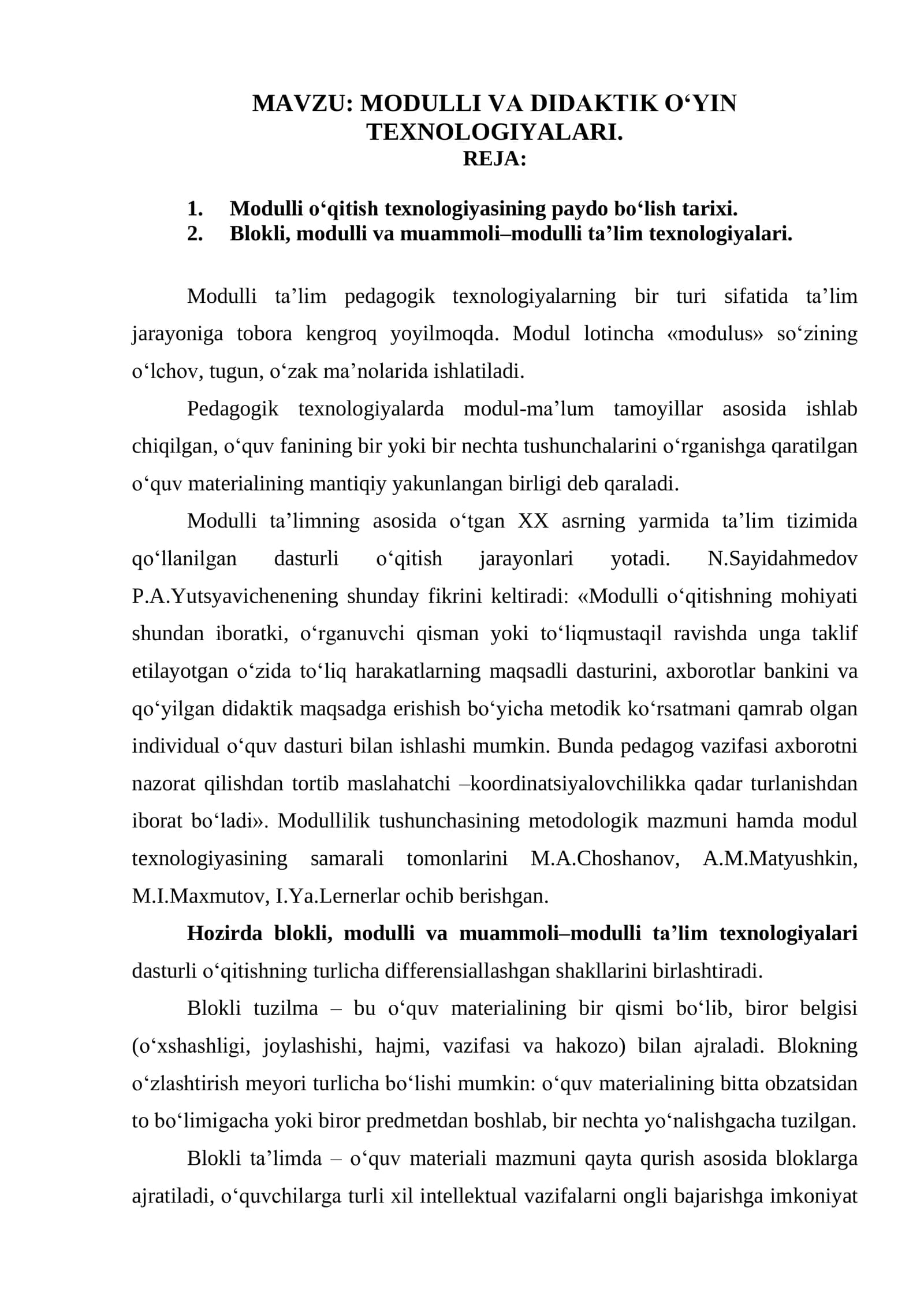 MODULLI VA DIDAKTIK O‘YIN TEXNOLOGIYALARI