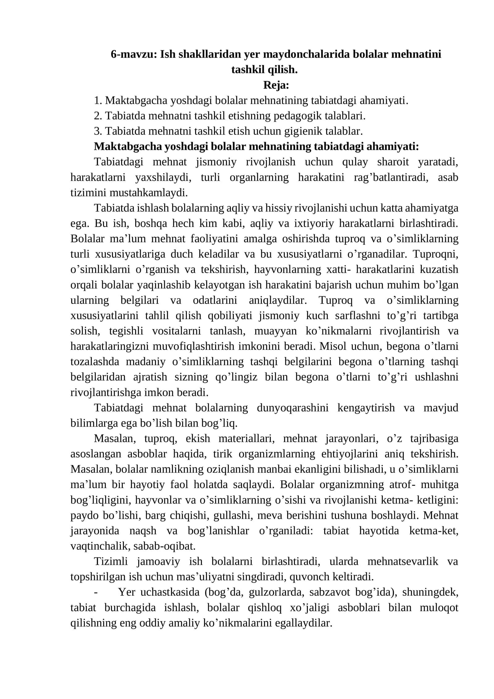 Ish shakllaridan yer maydonchalarida bolalar mehnatini tashkil qilish