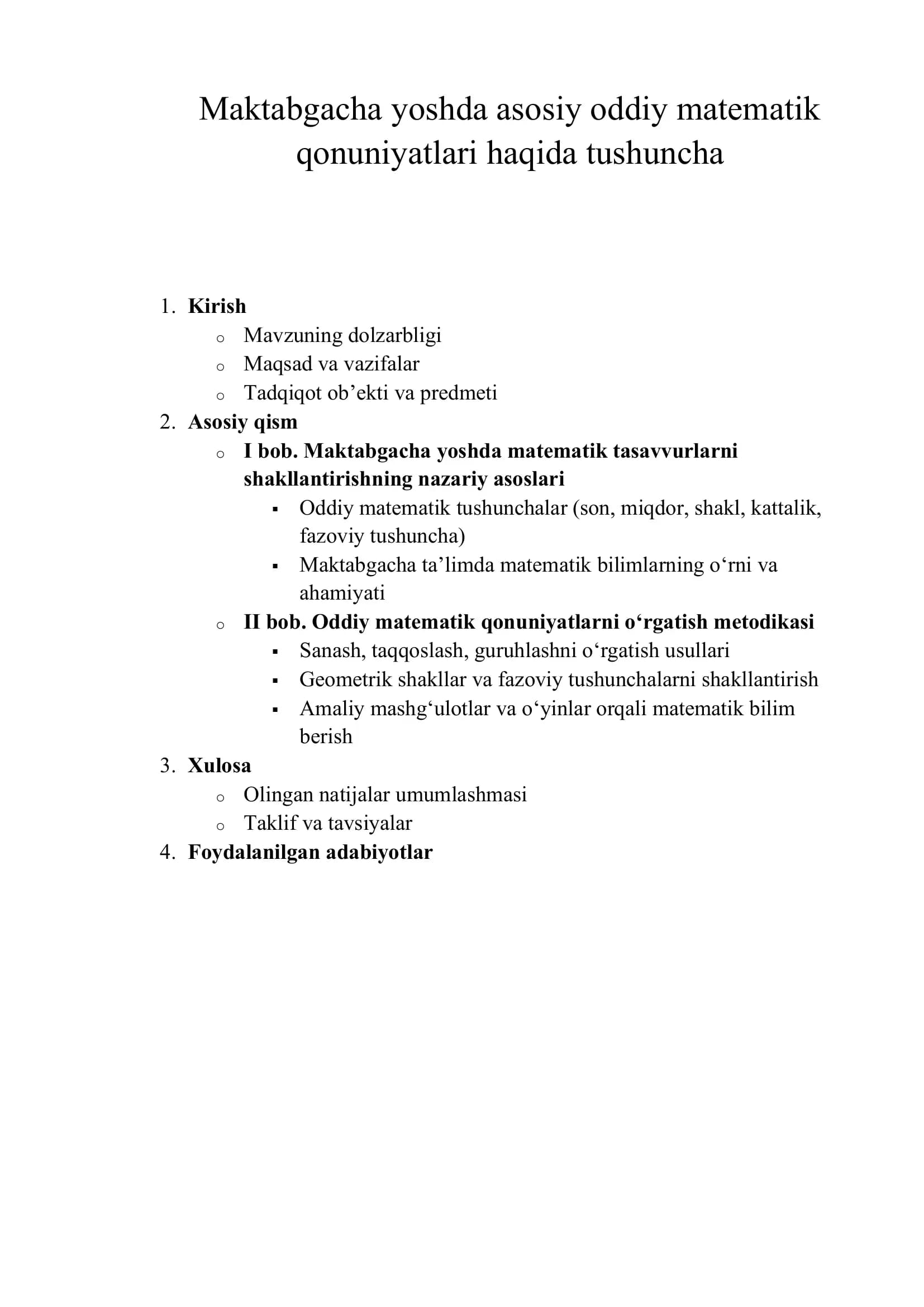 Maktabgacha yoshda asosiy oddiy matematik qonuniyatlari haqida tushuncha