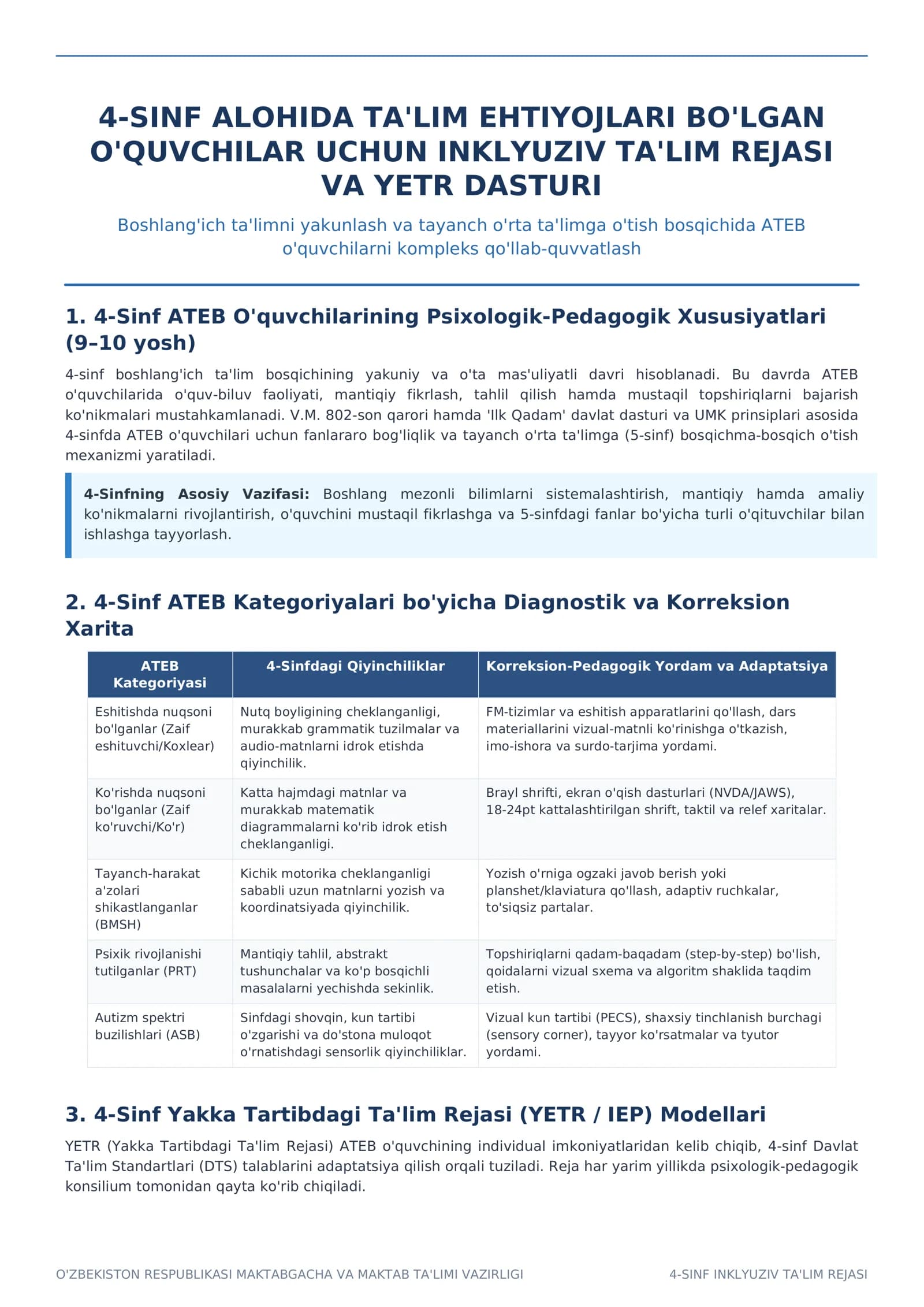 4-SINF ATEB O'quvchilarining Psixologik-Pedagogik Xususiyatlari
