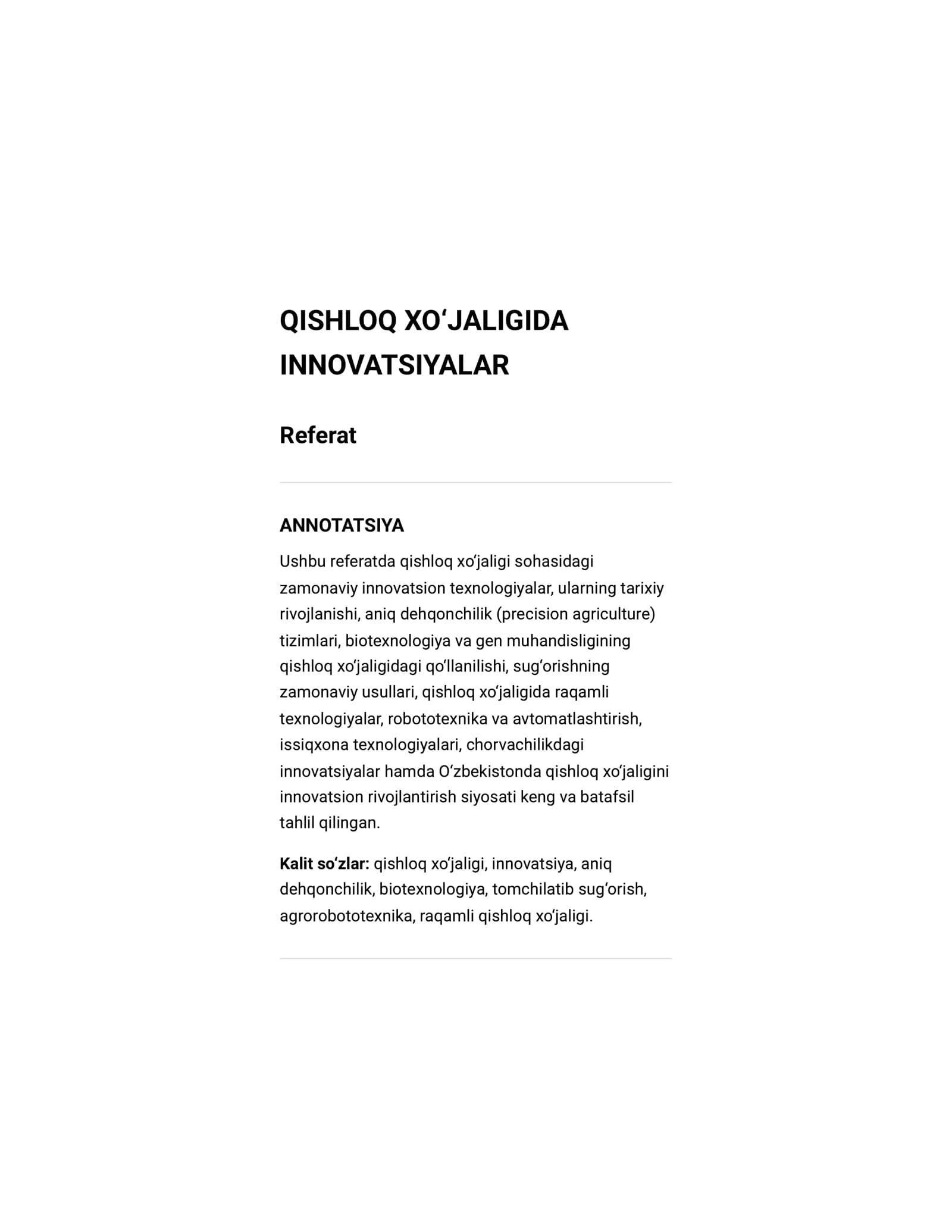 Referat qishloq xoʻjaligi innovatsiyaleri