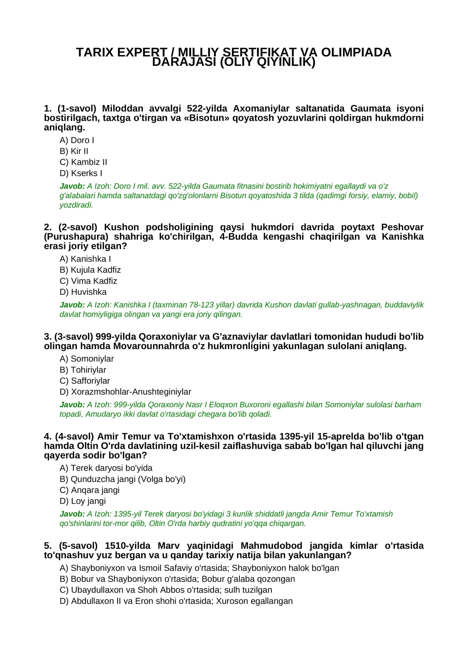 TARIX EXPERT / MILLIY SERTIFIKAT VA OLIMPIADA DARAJASI (OLIY QIYINLIK)