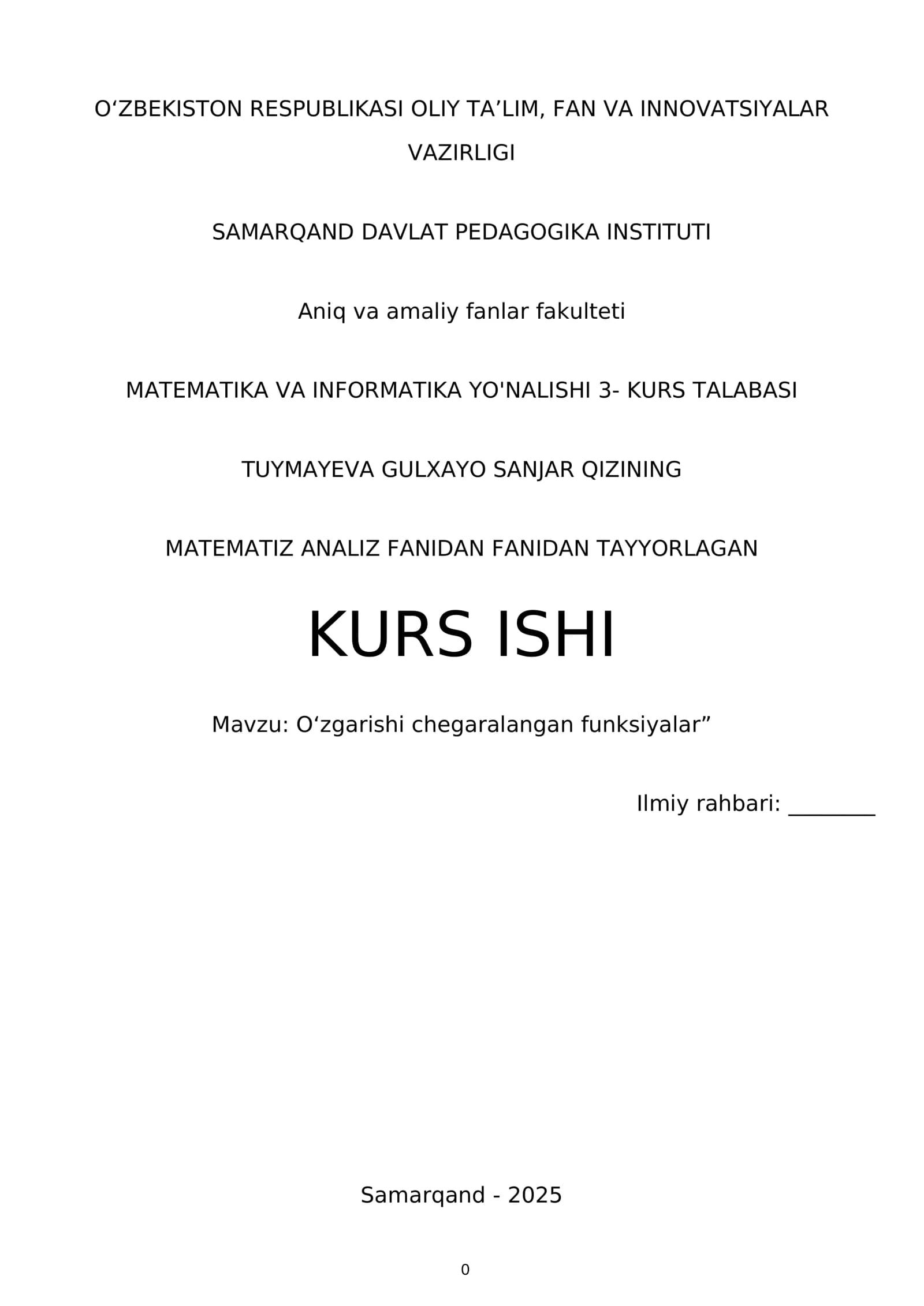 MATEMATIZ ANALIZ FANIDAN FANIDAN TAYYORLAGAN KURS ISHI