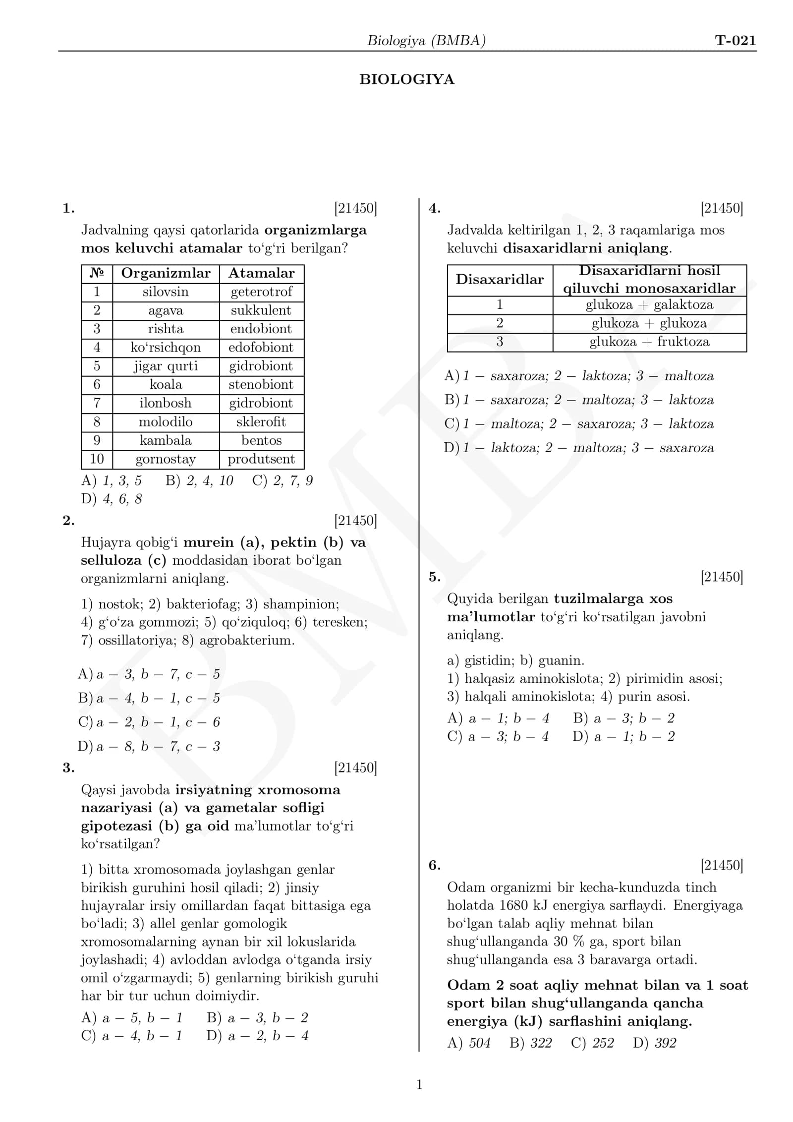 Biologiya Milliy sertifikat test