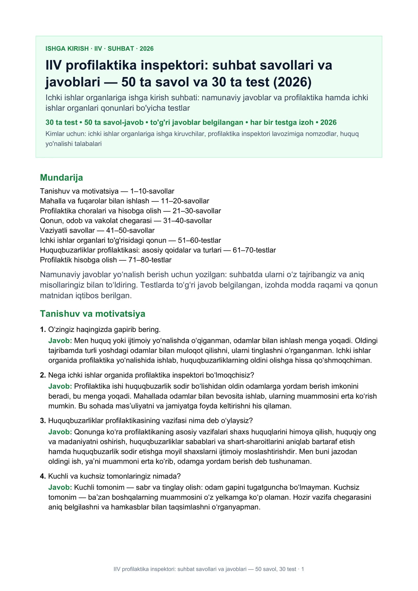 IIV profilaktika inspektori: suhbat savollari va javoblari