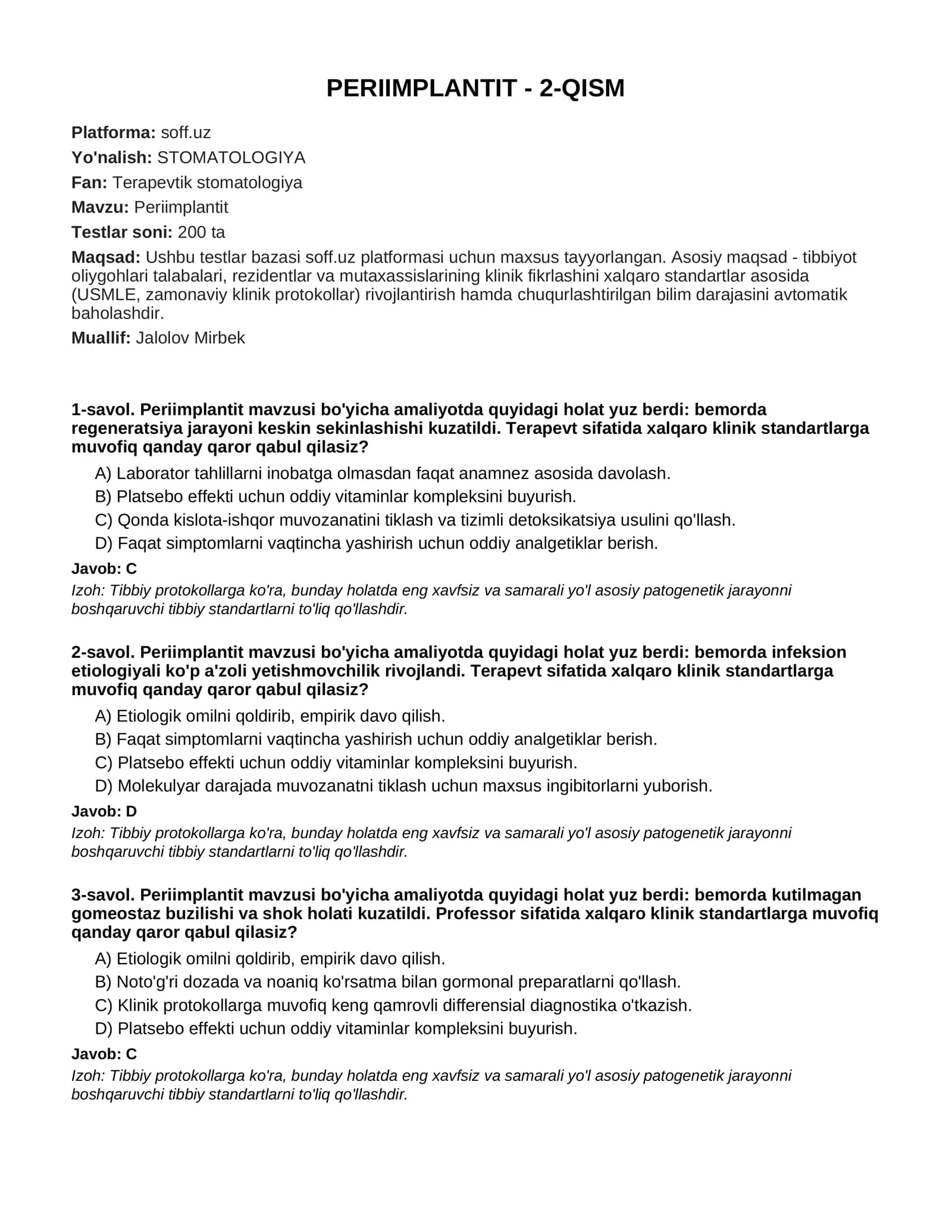 Terapevtik stomatologiya testlar bazasi - Periimplantit - 2-QISM