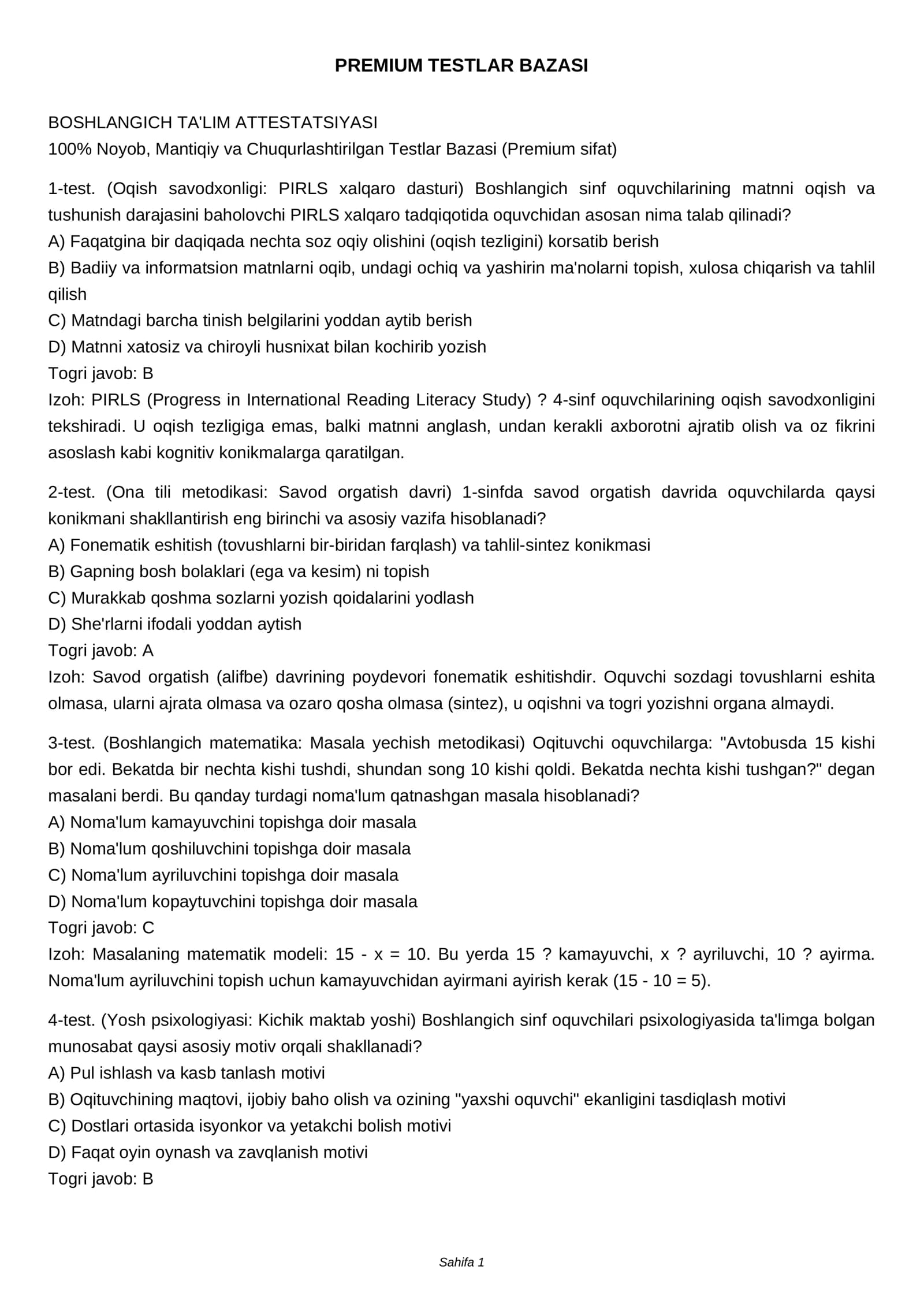 PREMIUM TESTLAR BAZASI