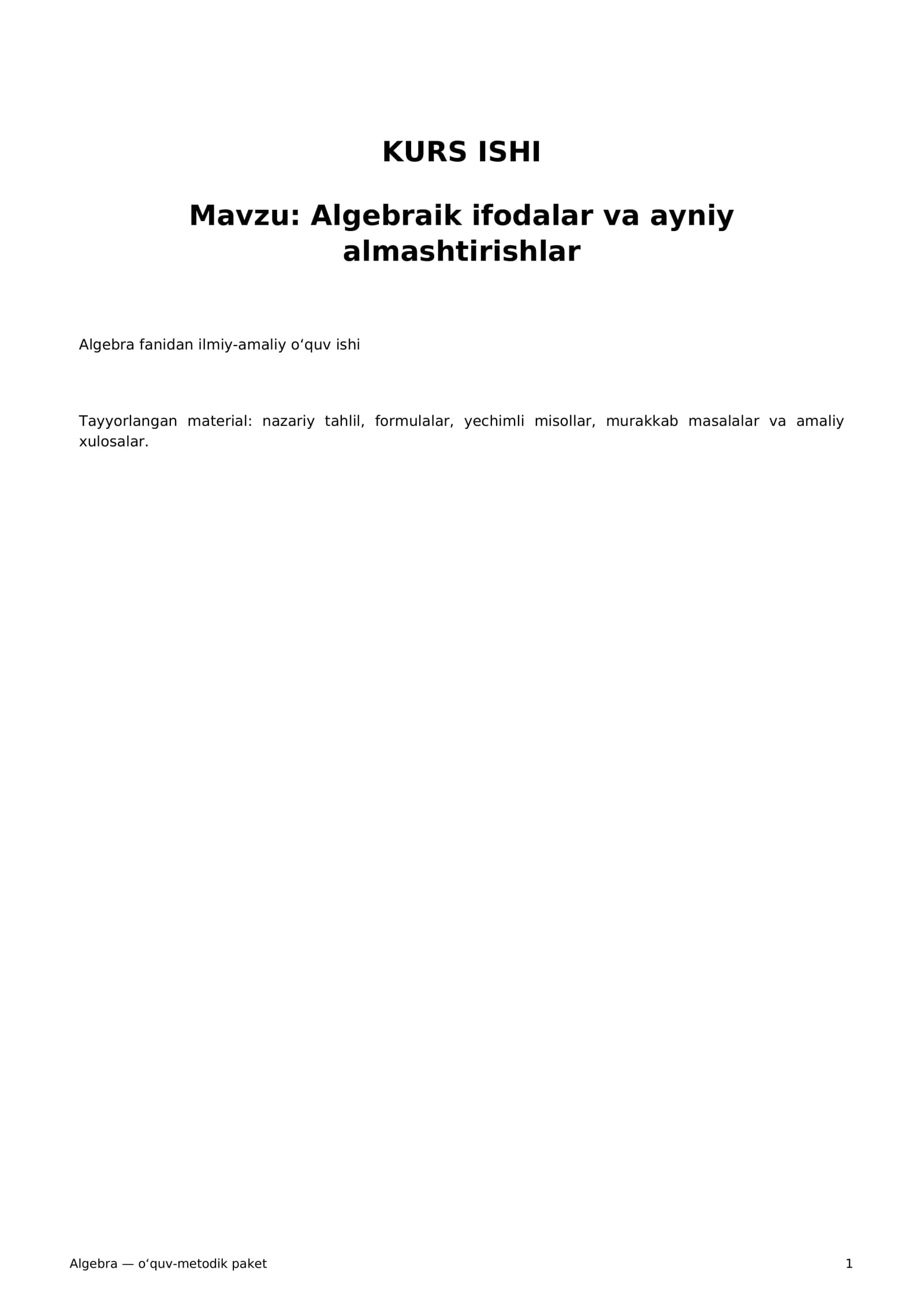 Algebra — o‘quv-metodik paket