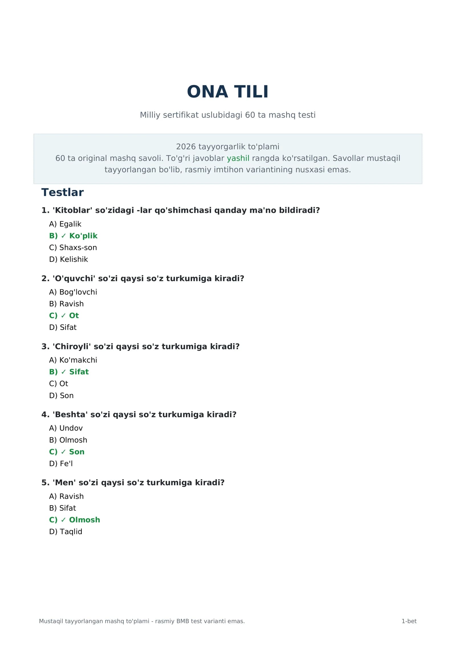 🔥 ONA TILI FANIDAN MILLIY SERTIFIKATGA TAYYORLOV | 60 TA TEST + TO‘G‘RI JAVOBLAR | 2026 ✍️