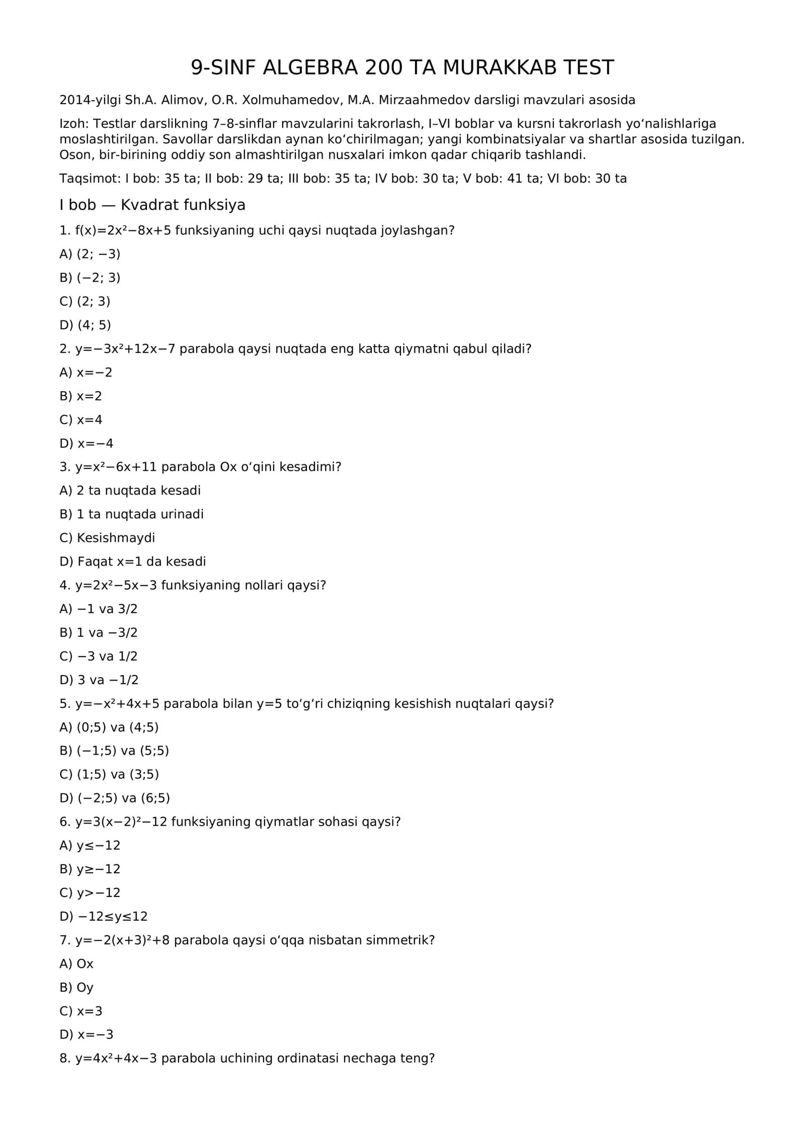 9-sinf Algebra — 200 ta murakkab test va javoblar