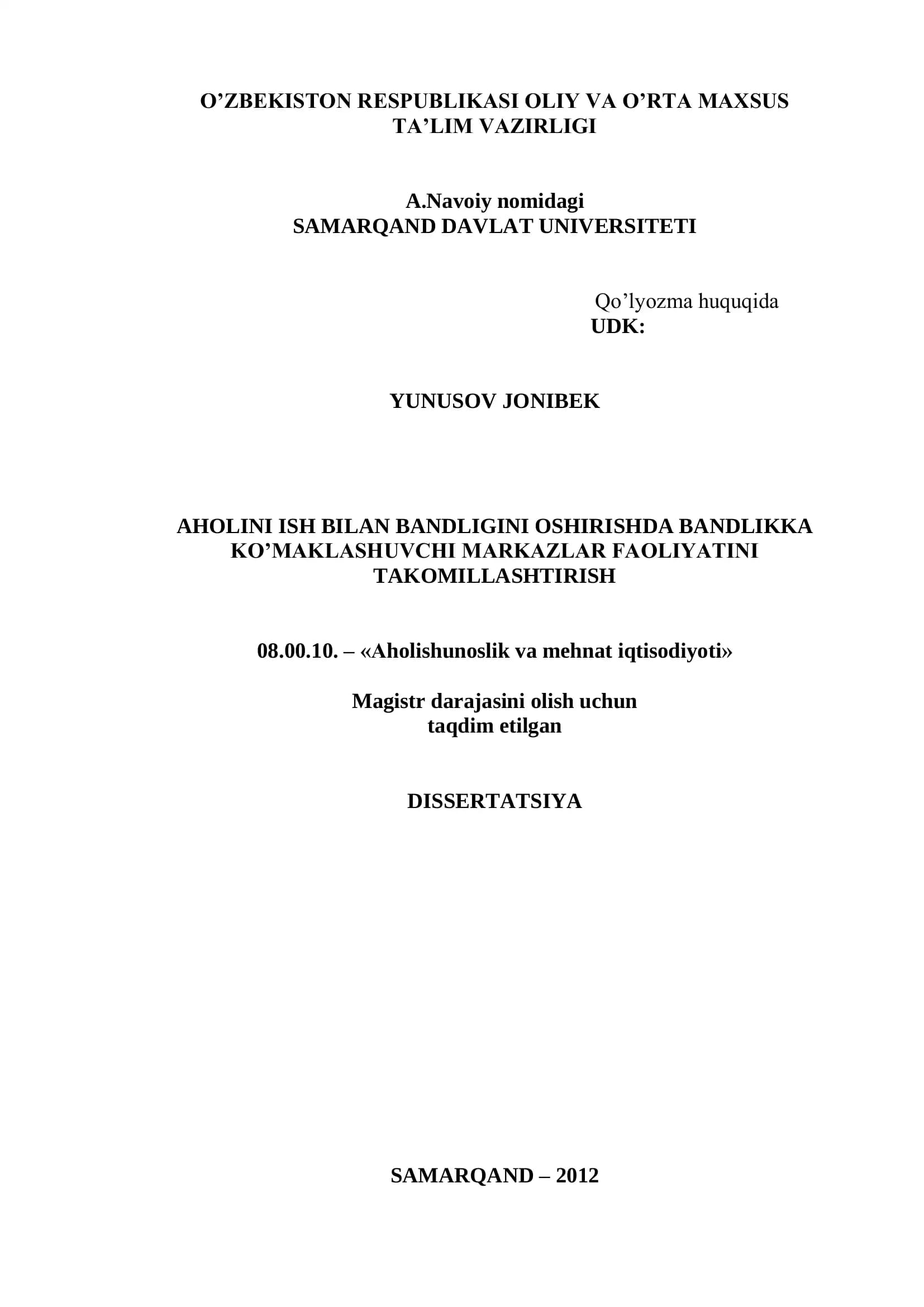"Aholini ish bilan bandligini oshirishda Bandlikka ko’maklashuvchi markazlar faoliyatini takomillashtirish"