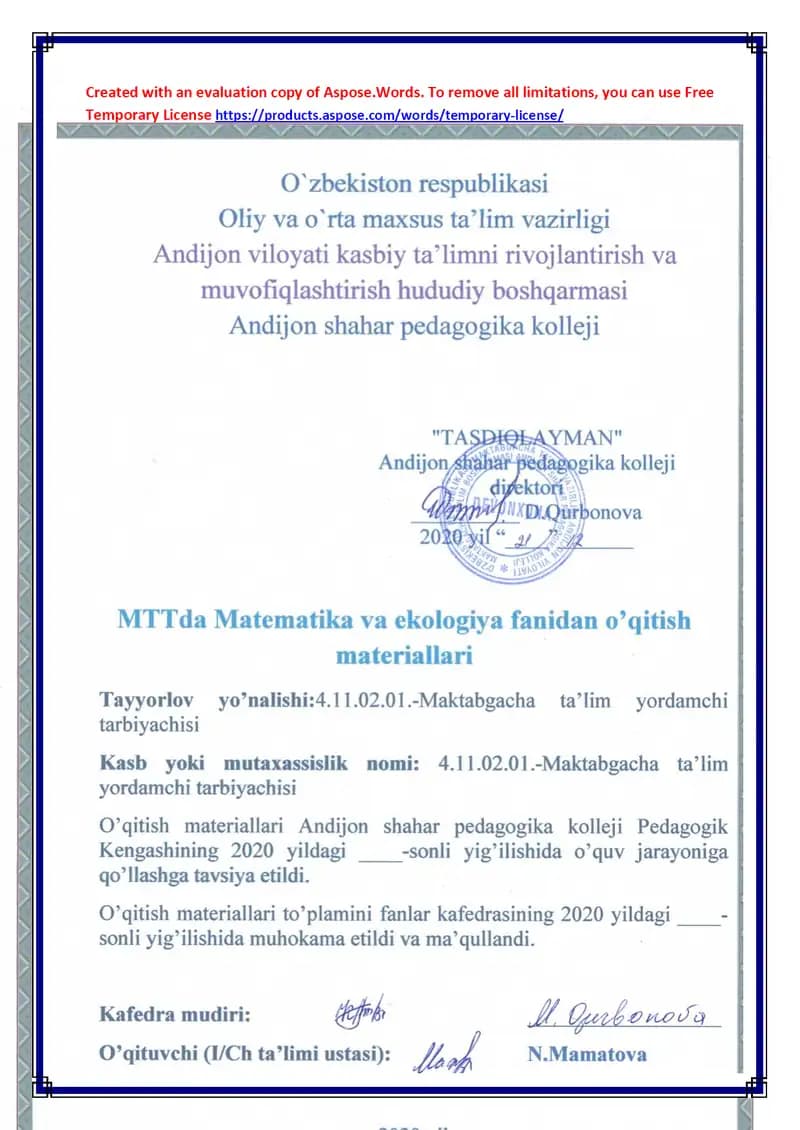 Ishchi o‘quv dasturi “Aqliy tarbiya” kafedrasi uchun