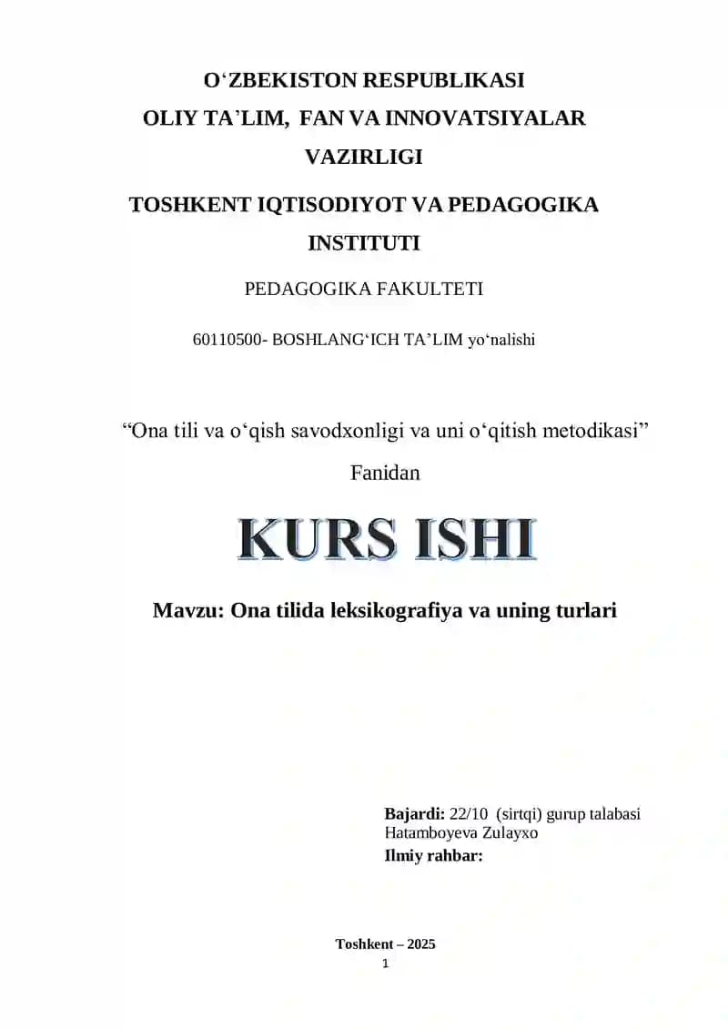 Ona tili va oʻqish savodxonligi va uni oʻqitish metodikasi