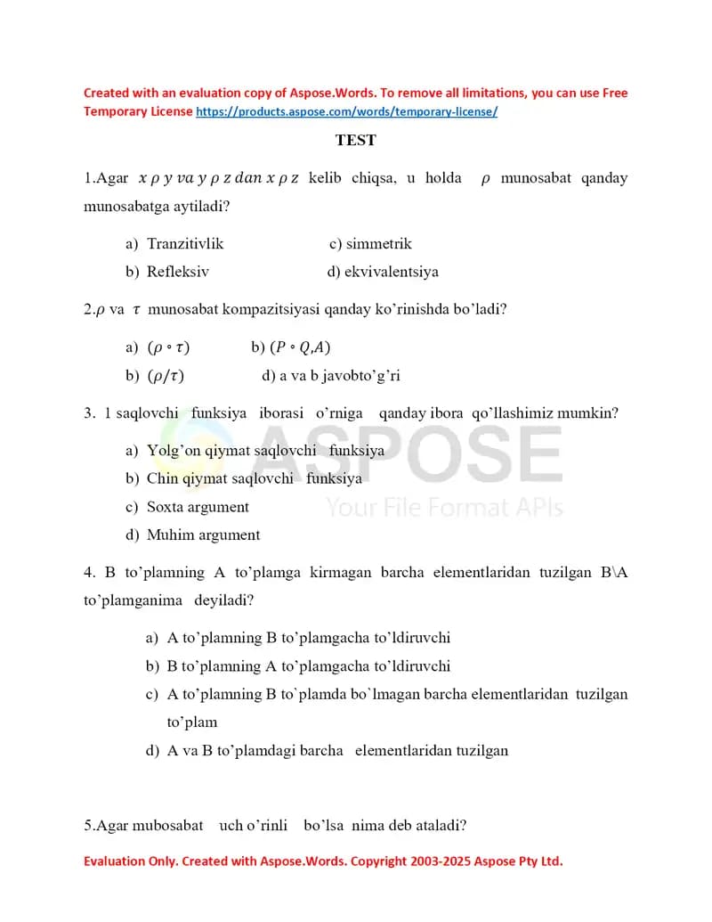 Diskret matematikadan testlar