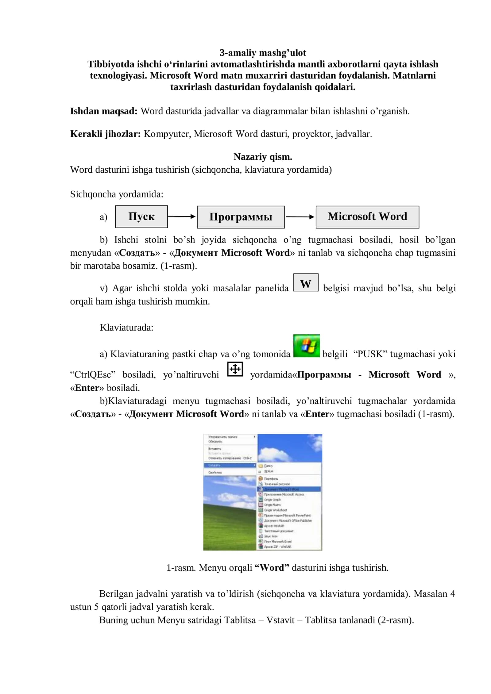 Tibbiyotda ishchi о„rinlarini avtomatlashtirishda mantli axborotlarni qayta ishlash texnologiyasi. Microsoft Word matn muxarriri dasturidan foydalanish. Matnlarni taxrirlash dasturidan foydalanish qoidalari