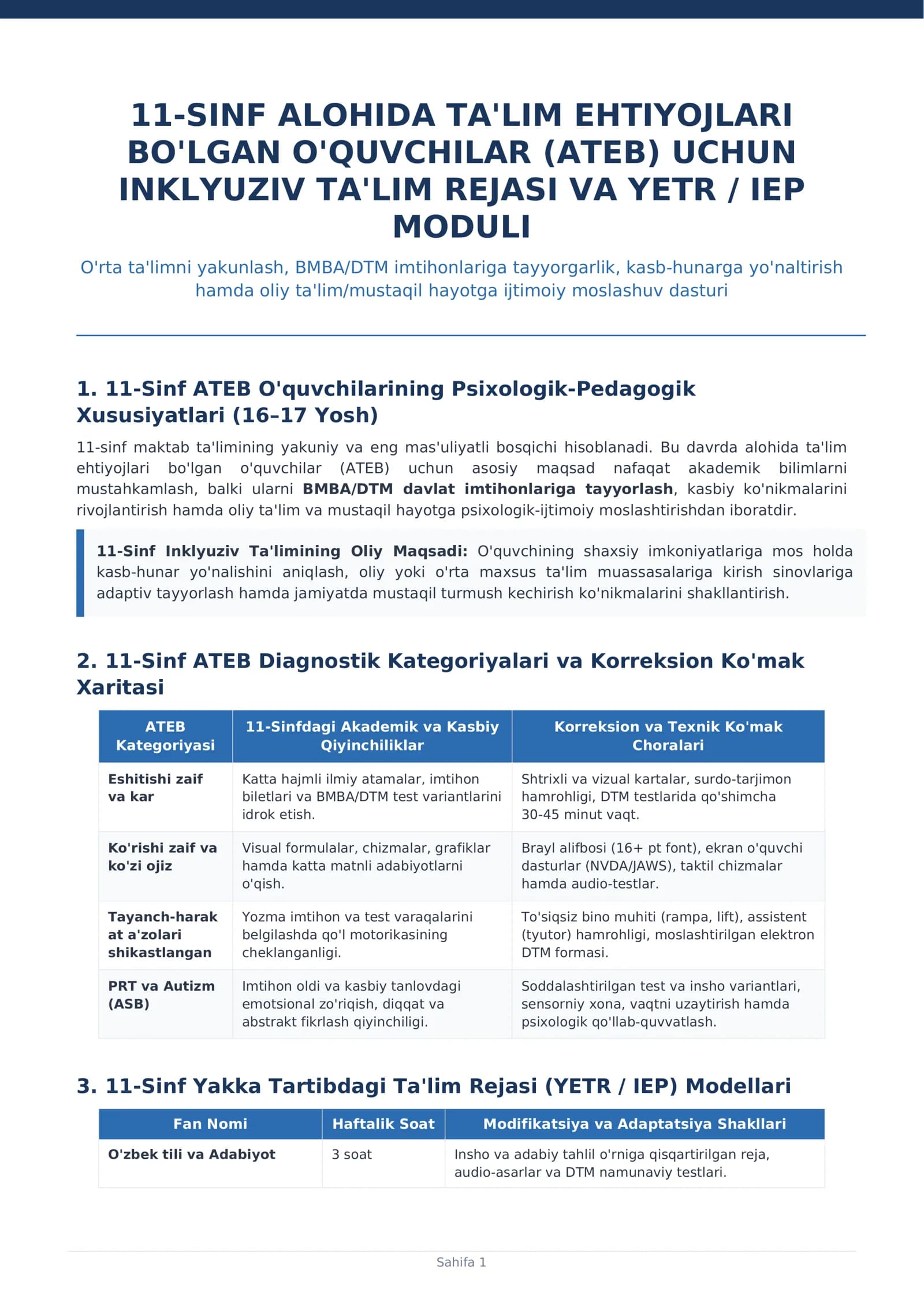 11-SINF ALOHIDA TA'LIM EHTIYOJLARI BO'LGAN O'QUVCHILAR (ATEB) UCHUN INKLYUZIV TA'LIM REJASI VA YETR / IEP MODULI