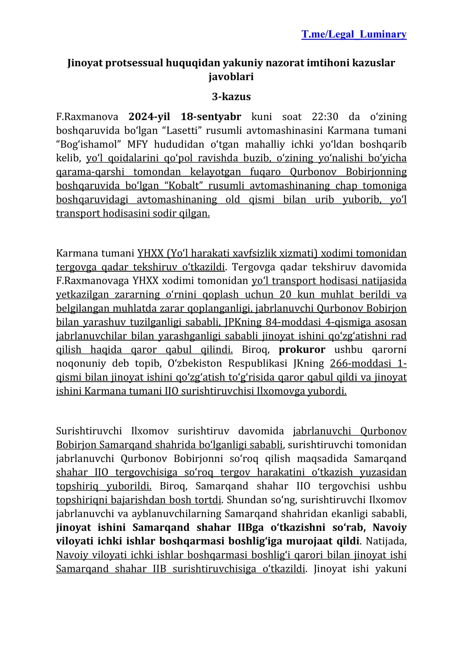 Jinoyat protsessual huquqidan yakuniy nazorat imtihoni kazuslar javoblari 2026 yil