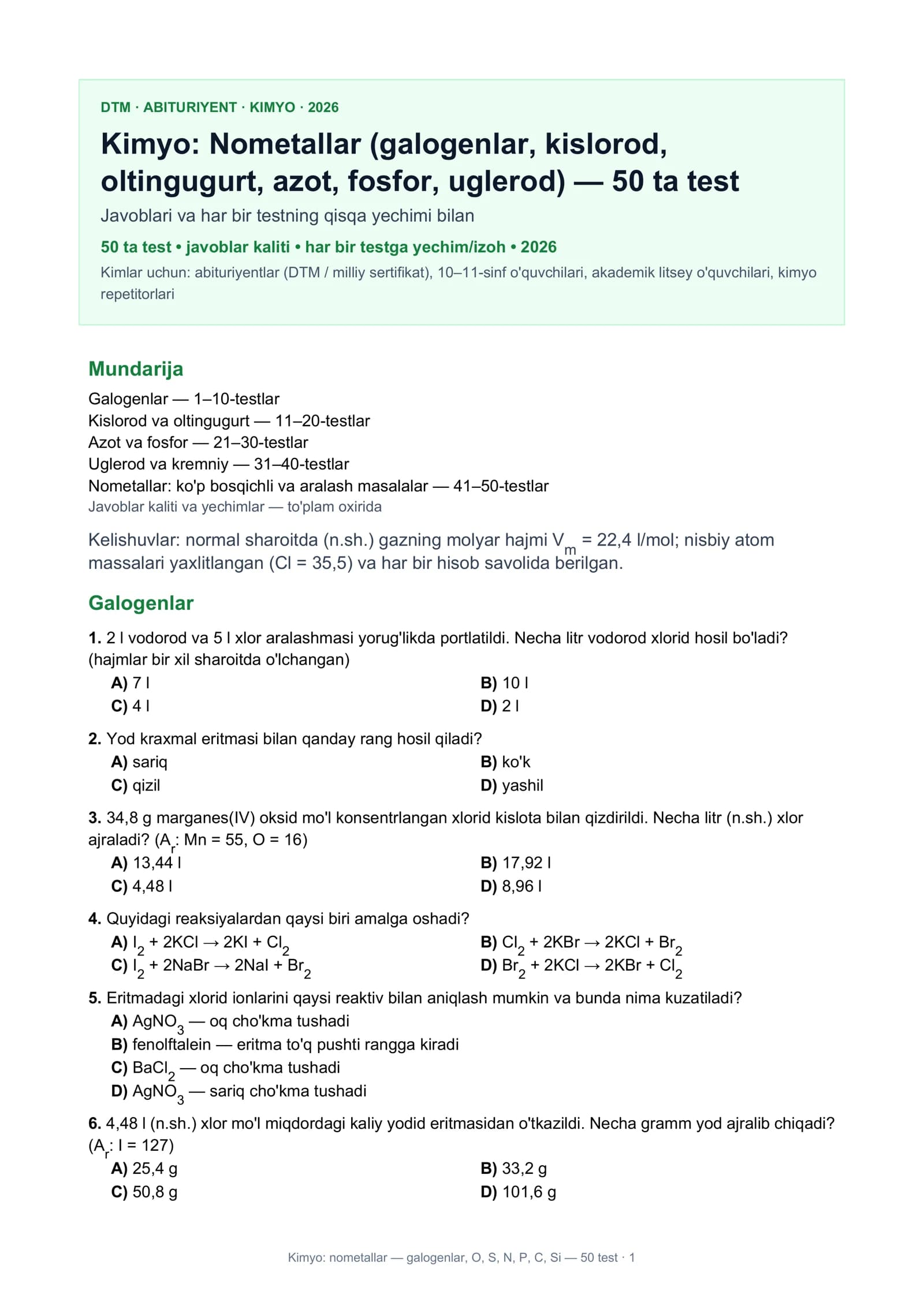 Kimyo: nometallar — galogenlar, O, S, N, P, C, Si — 50 test