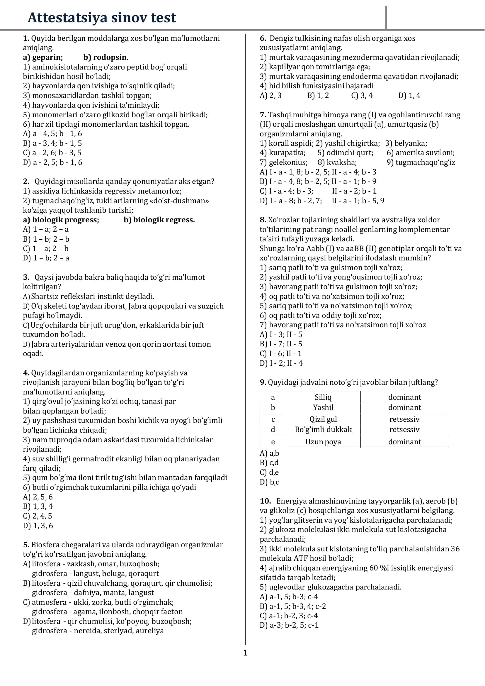 BIOLOFIYA FANIDAN ATTESTATSIYA TESTLARI MAXSUS TUZILGAN