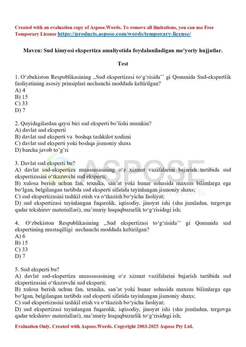 1. Sud kimyosi ekspertiza amaliyotida foydalaniladigan me'yoriy hujjatlar.Test 10 ta.