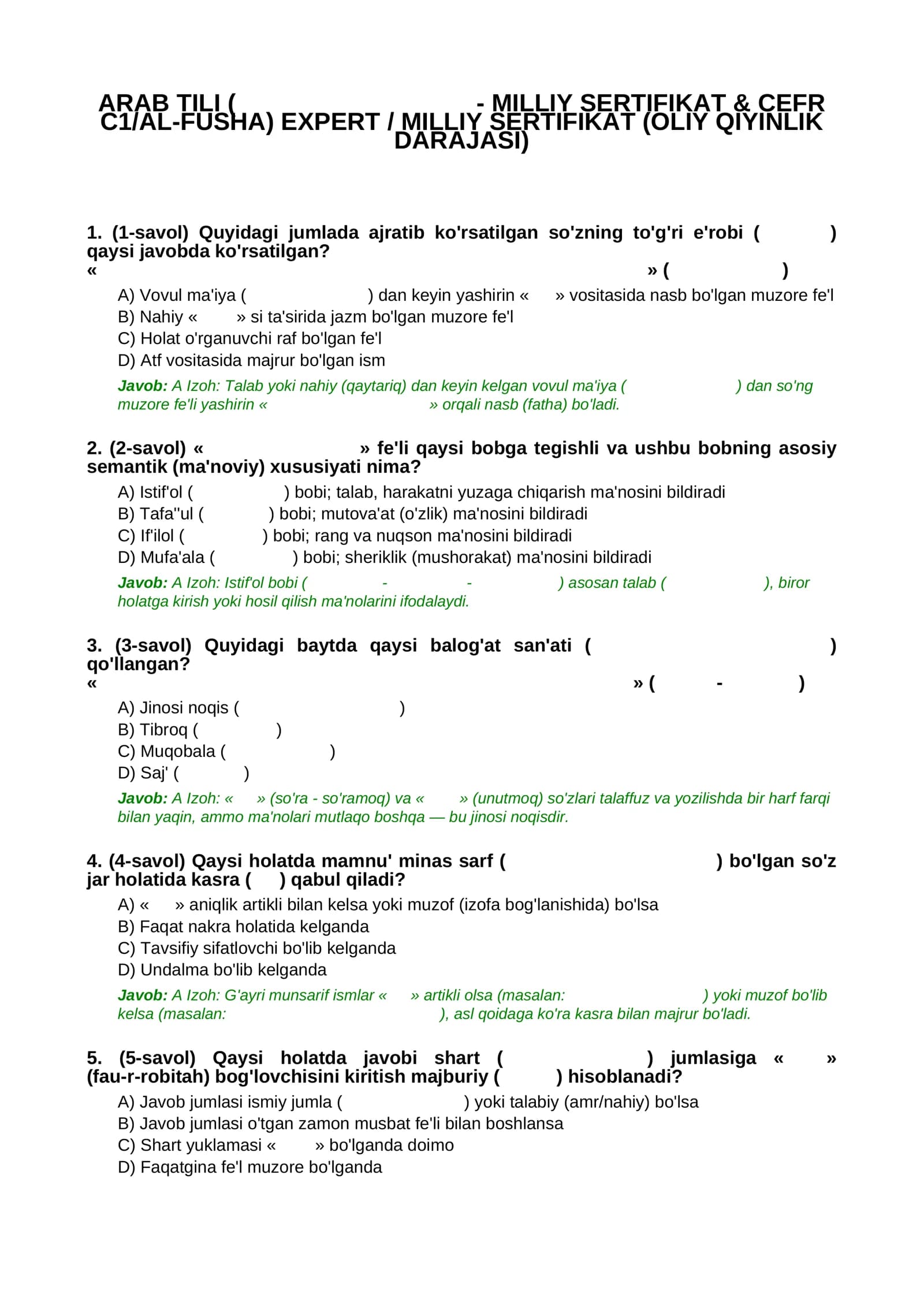 ARAB TILI (IIIII IIIIIII - MILLIY SERTIFIKAT & CEFR C1/AL-FUSHA) EXPERT / MILLIY SERTIFIKAT (OLIY QIYINLIK DARAJASI)