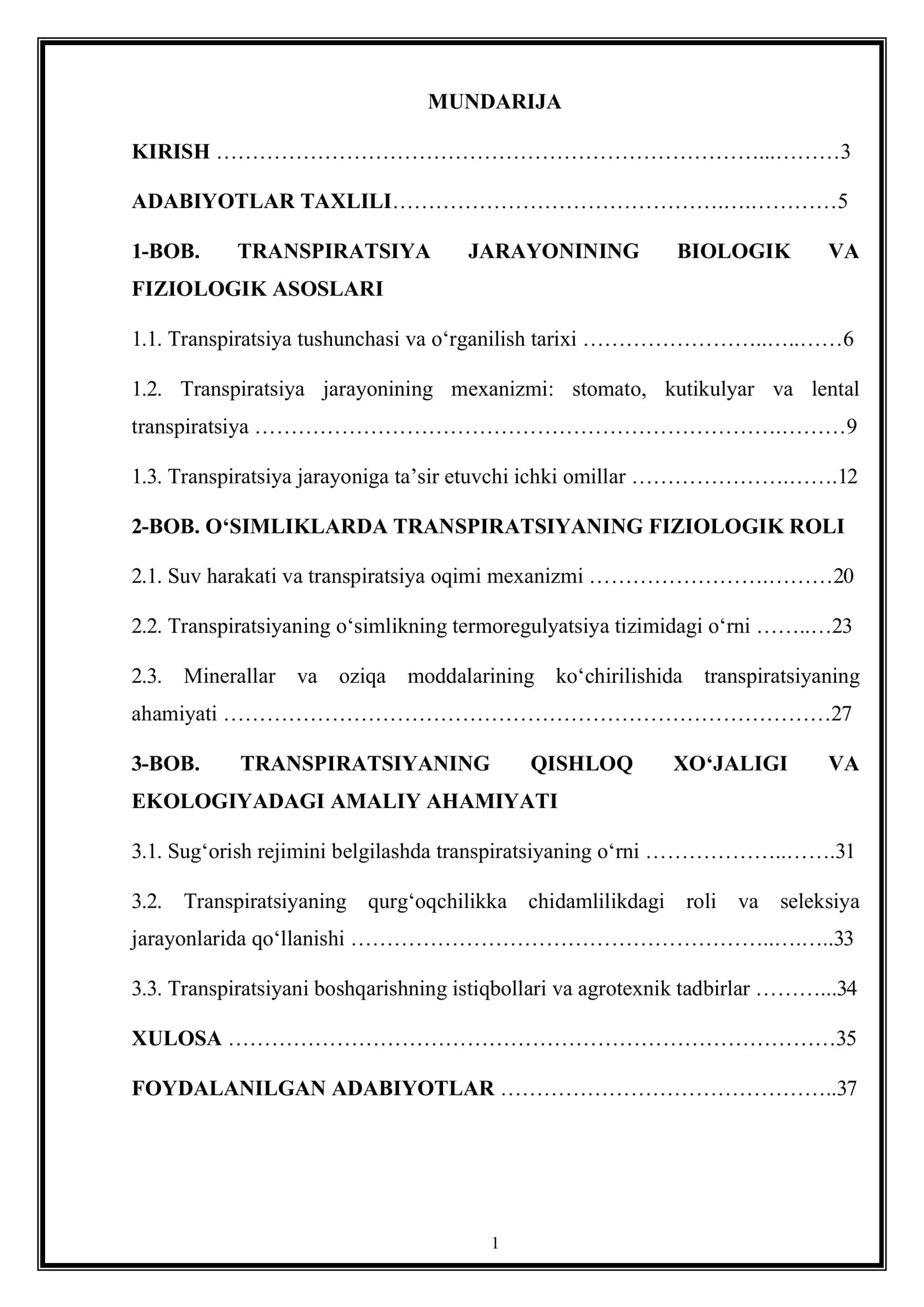 TRANSPIRATSIYA JARAYONINING BIOLOGIK VAFIZIOLOGIK ASOSLARI