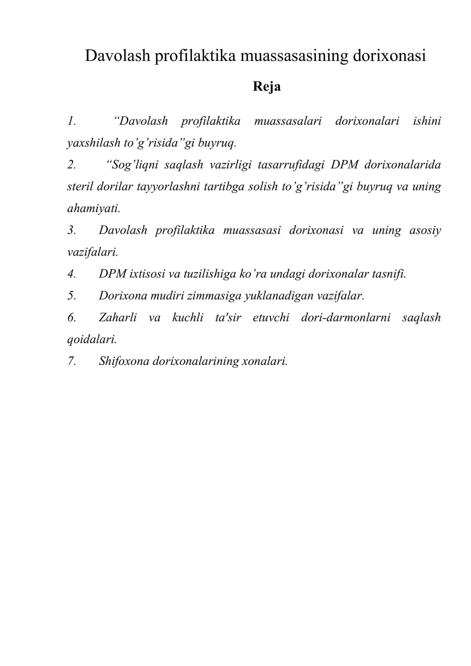 Davolash profilaktika muassasasining dorixonasi