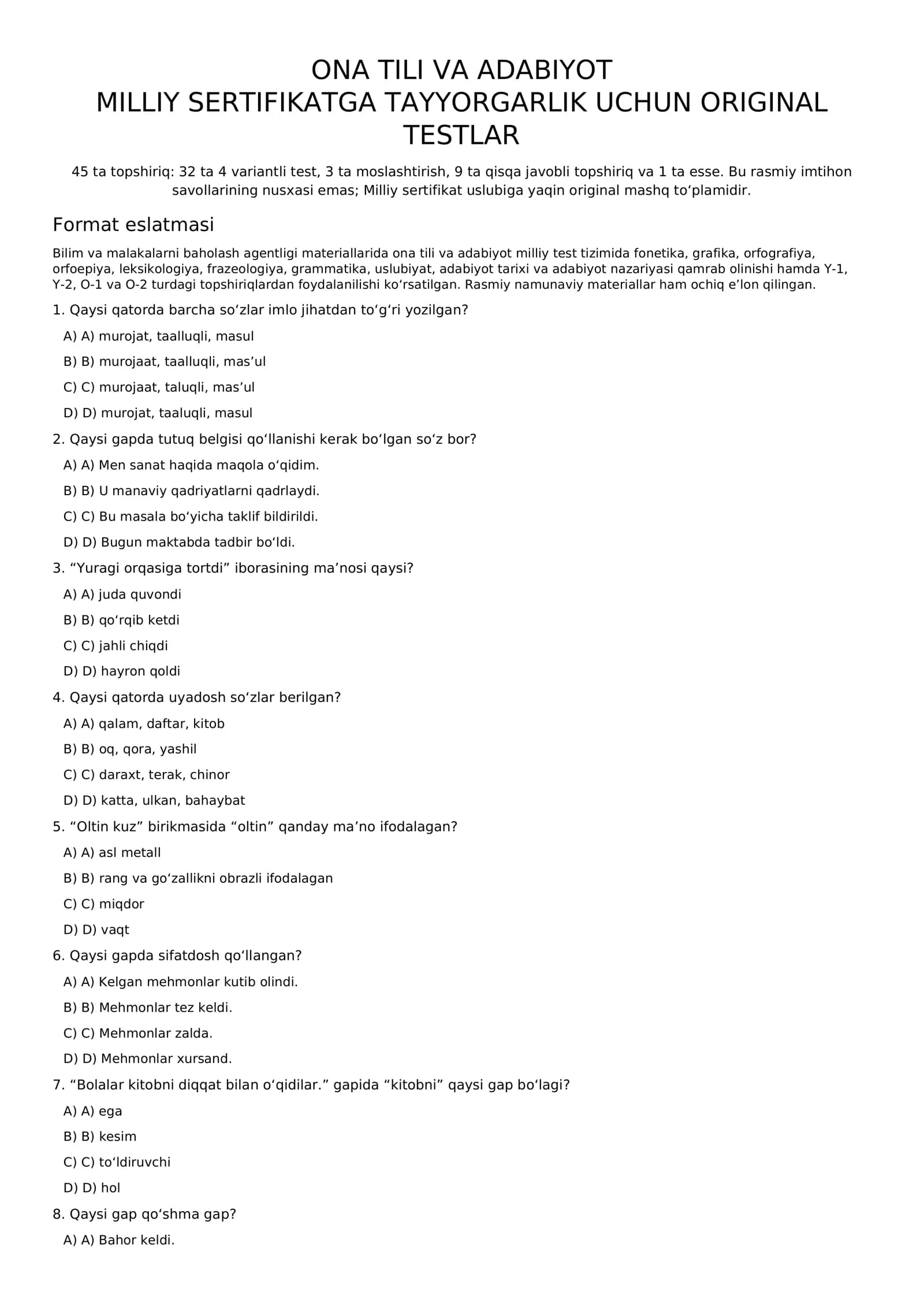 Ona tili va adabiyot Milliy sertifikat