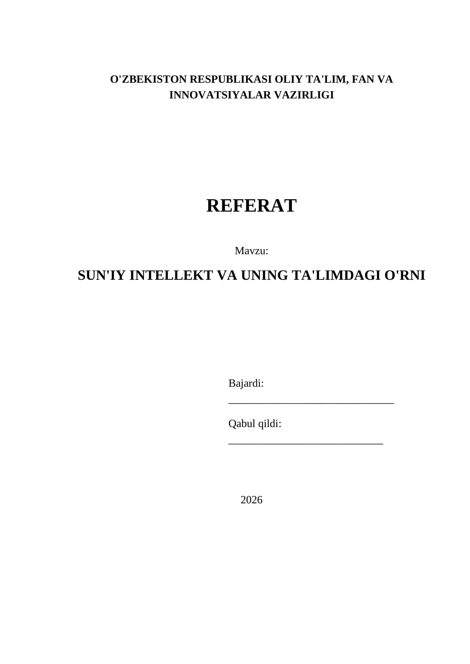 SUN'IY INTELLEKT VA UNING TA'LIMDAGI O'RNI