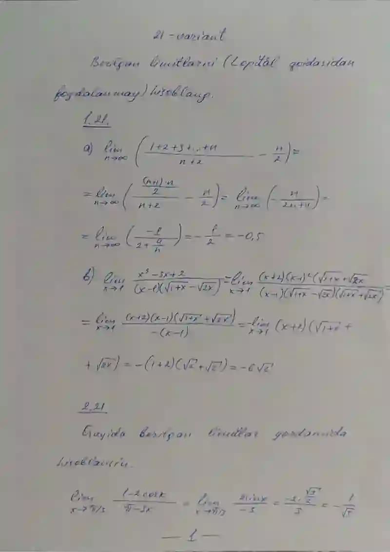 Hisob (Calculus) fanidan Mustaqil ish (Shaxsiy topshiriqlar) 21-variant javoblari - Mustaqil ish (qo'l yozma)