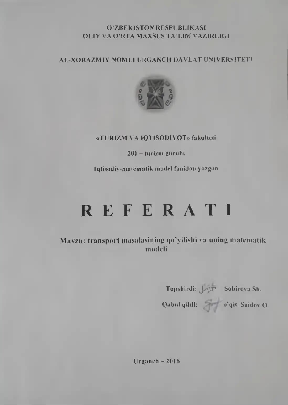 Iqtisodiy-Matematik Model Fanidan Yozgan Referat