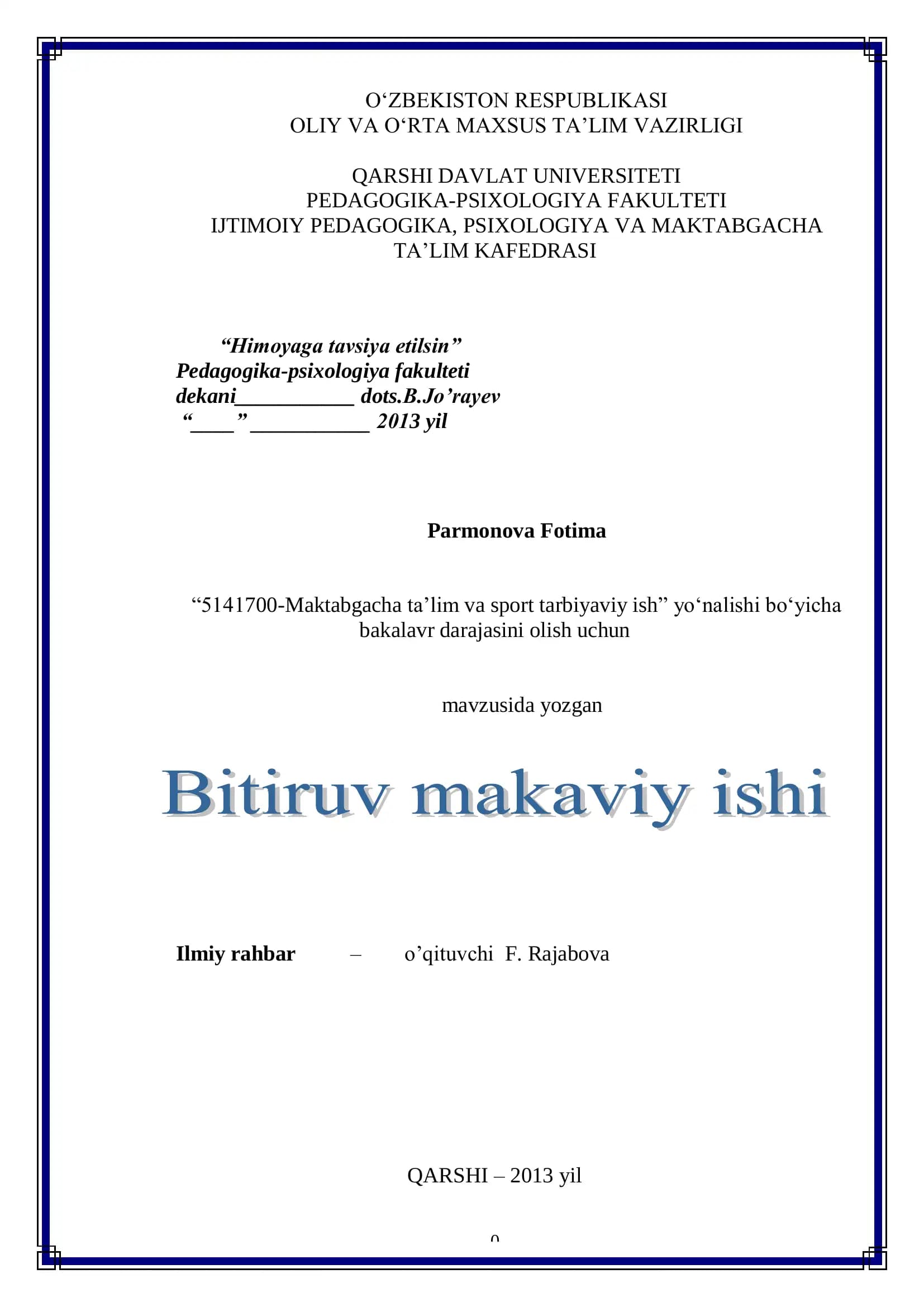 5141700 – “Maktabgacha ta'lim va bolalar sporti” yo‟nalishi