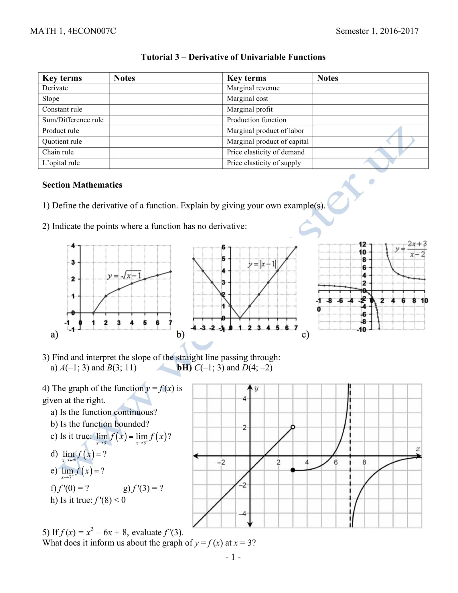 MATH 1, 4ECON007C