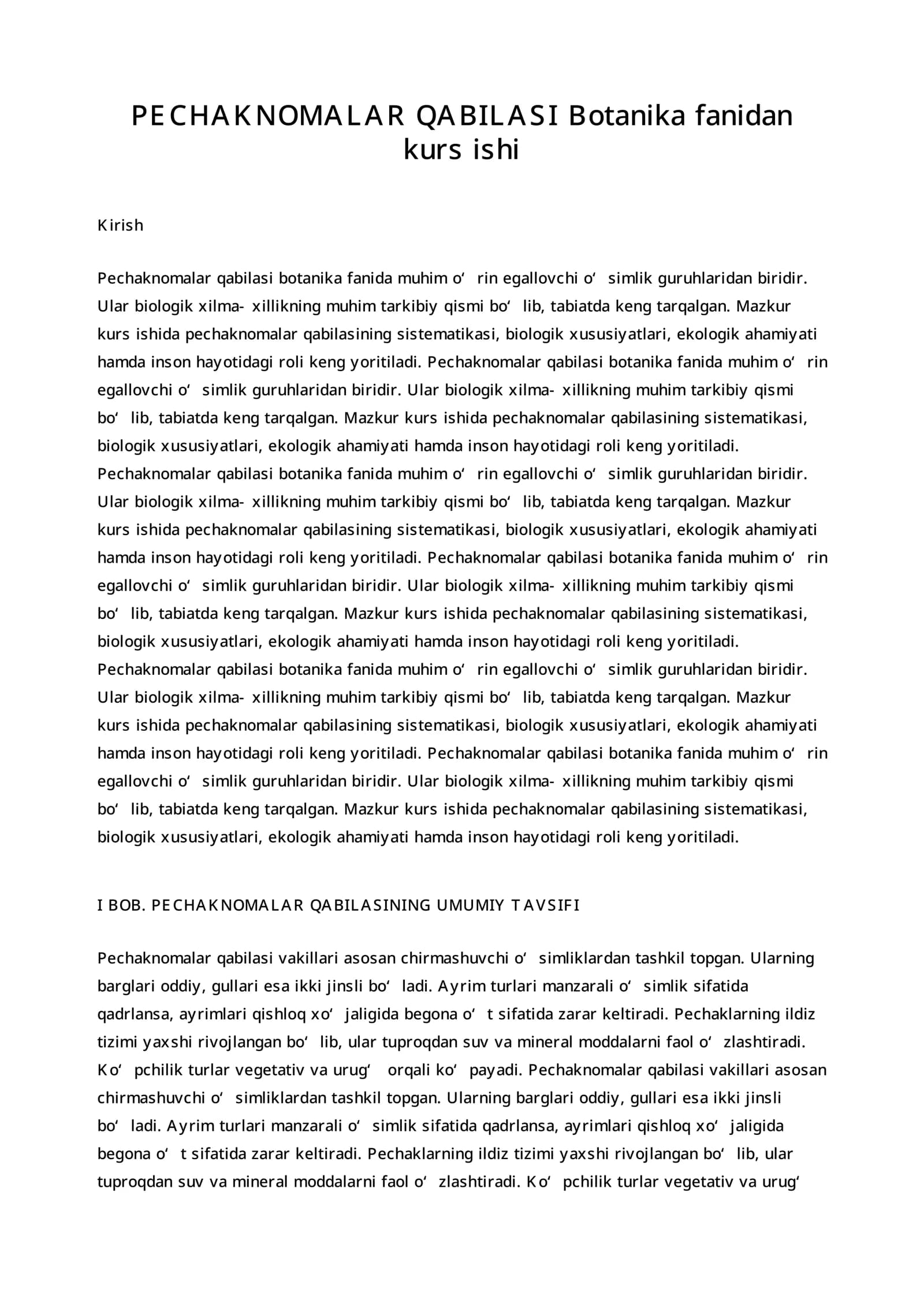 PECHAKNOMALAR QABILASI Botanika fanidan kurs ishi