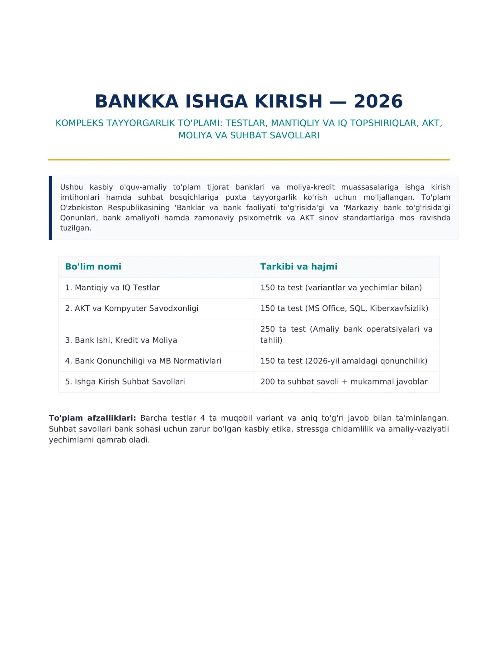 Bankka ishga kirish 2026 — 700+ test, mantiq, AKT, moliya va suhbat
