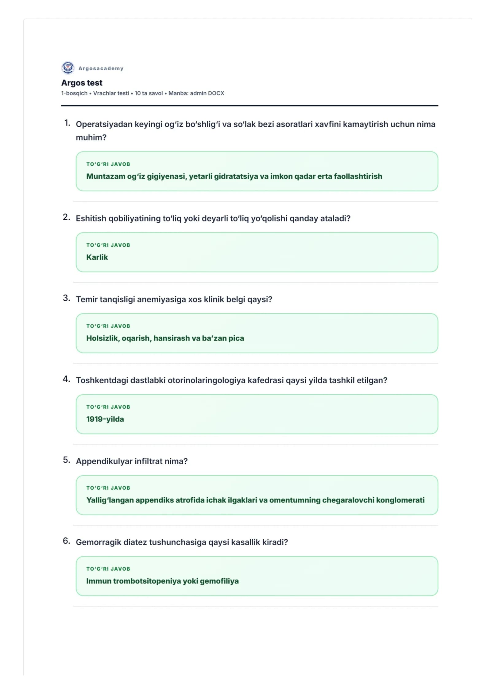 Argos test javoblar (Vrachlar testi)