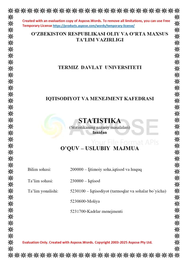 Statistika (Statistikaning nazariy masalalari) o‘quv-uslubiy majmua