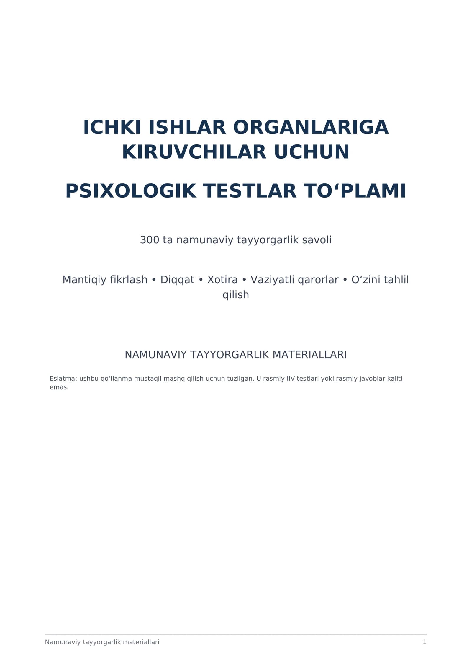 Ichki Ishlar Organlariga Kiruvchilar Uchun Psixologik Testlar To‘plami — 300+ test