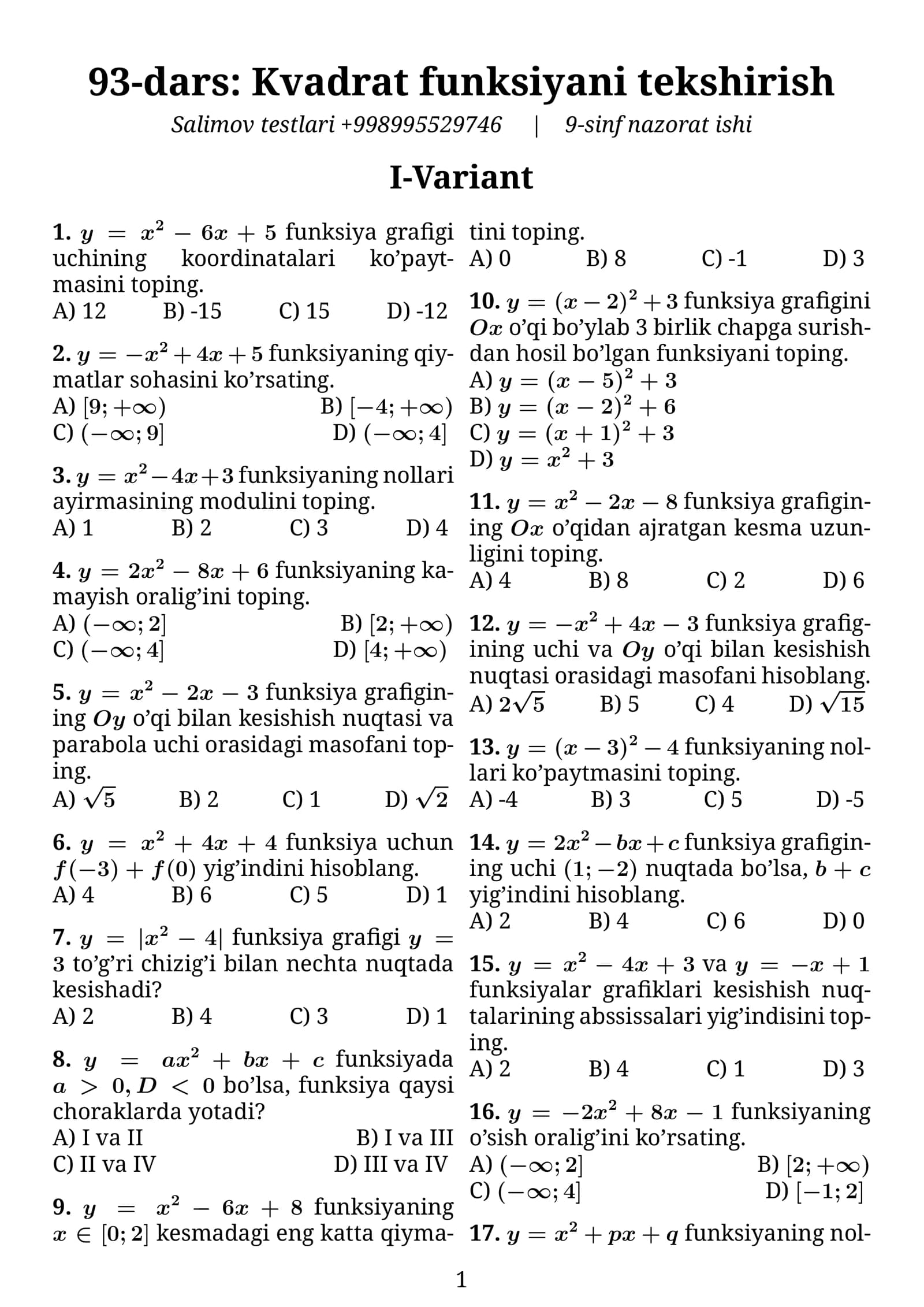 Kvadrat funksiyani tekshirish