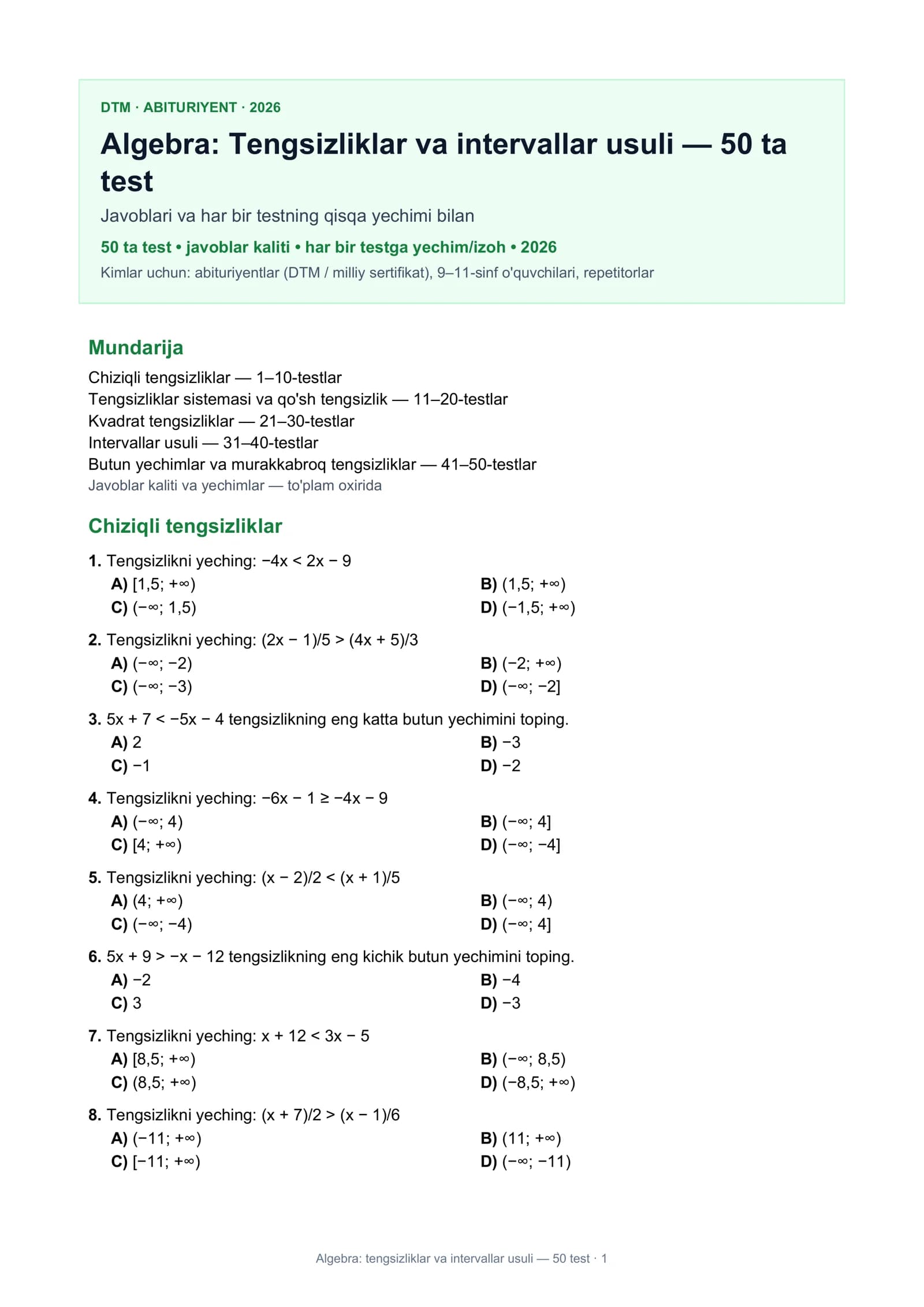 Algebra: Tengsizliklar va intervallar usuli