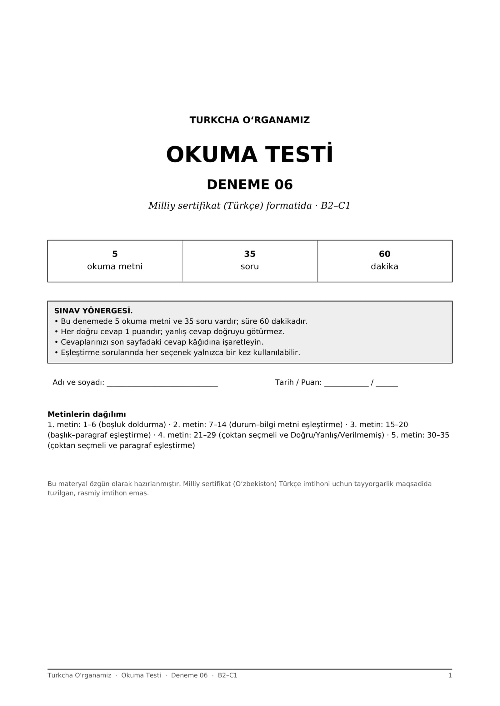 Turk tili Okuma testlari 06-10 deneme B2-C1 (Milliy sertifikat formati, javoblar bilan)