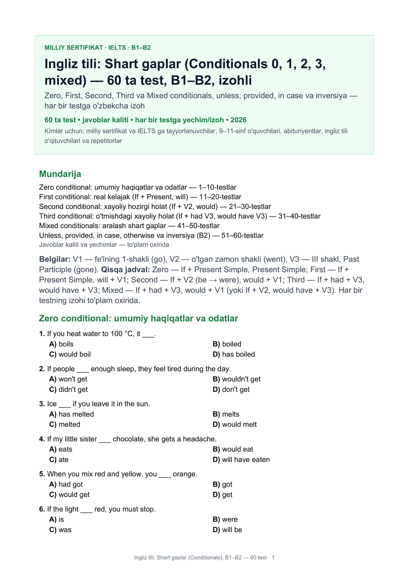 Ingliz tili: Shart gaplar (Conditionals), B1–B2