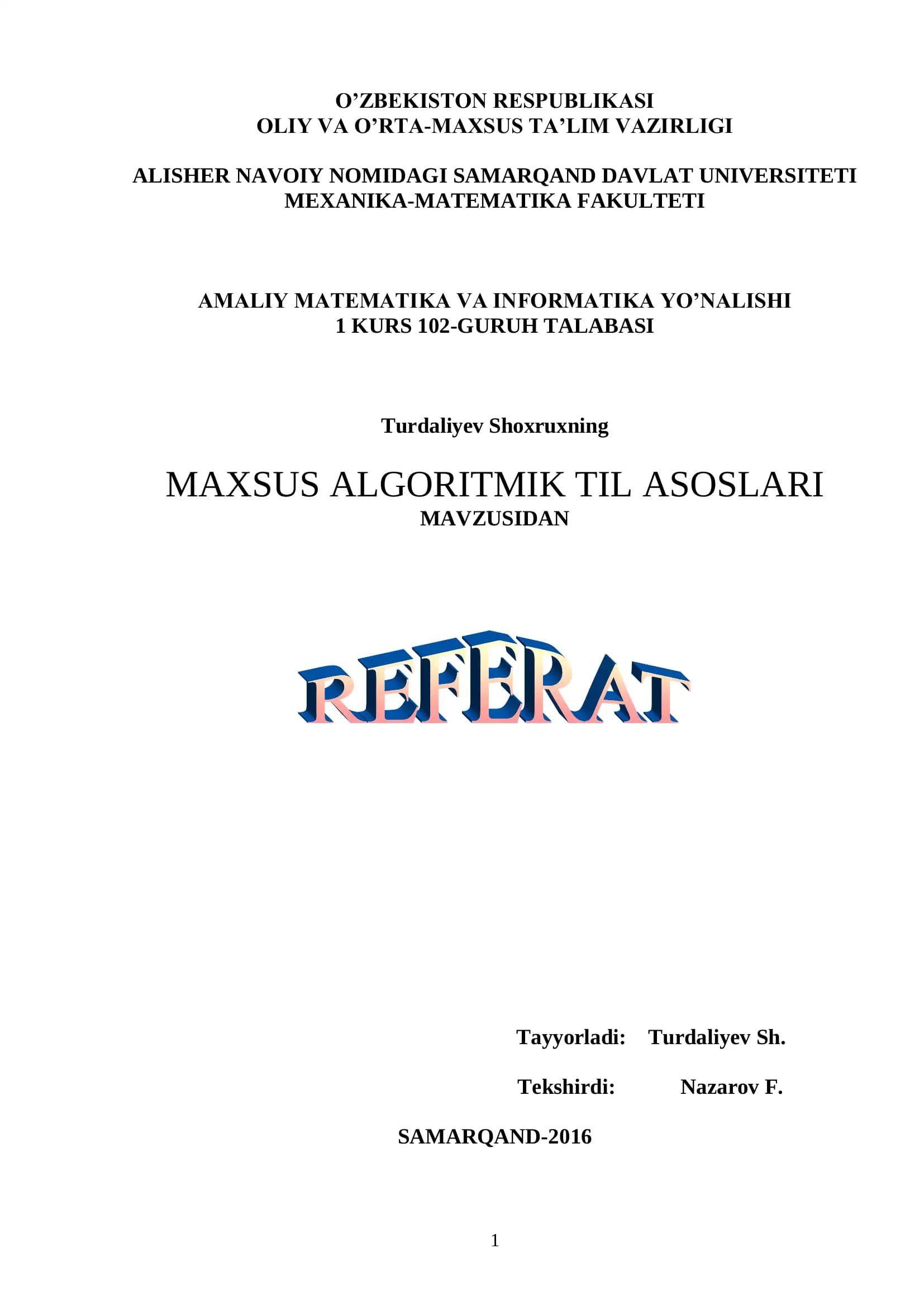 MAXSUS ALGORITMIK TIL ASOSLARI