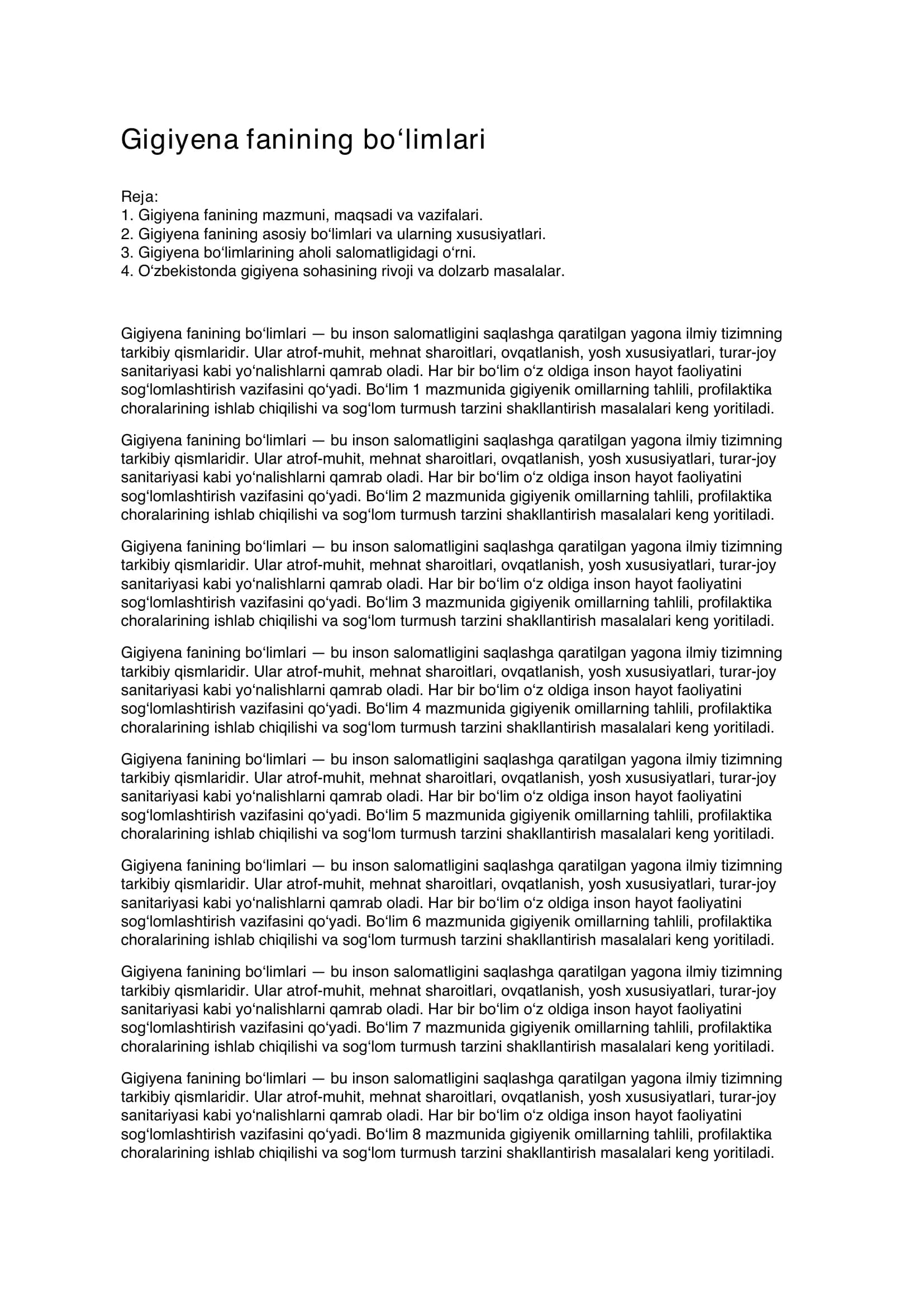 Gigiyena fanining bo‘limlari referat