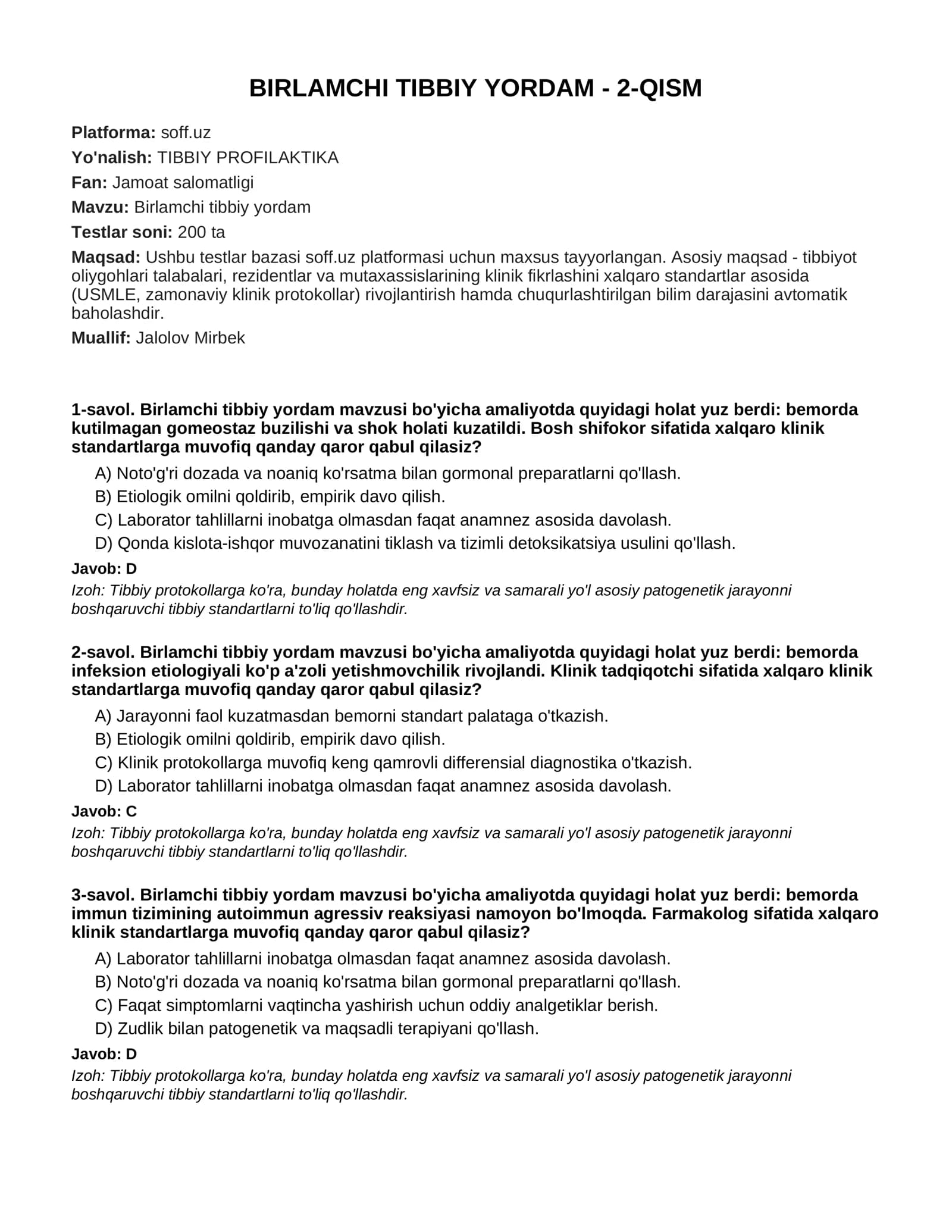 BIRLAMCHI TIBBIY YORDAM - 2-QISM