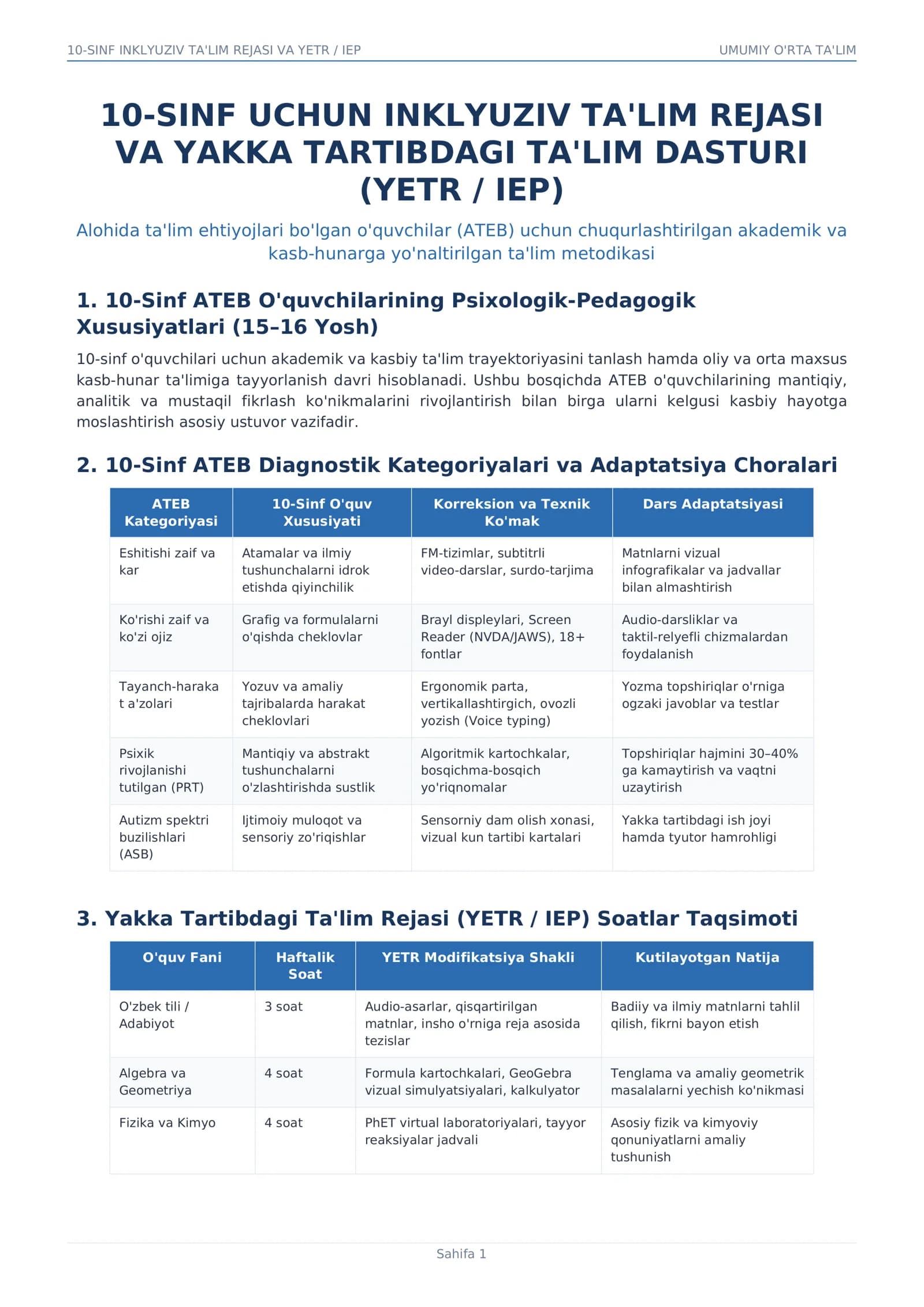 10-SINF INKLYUZIV TA'LIM REJASI VA YETR / IEP