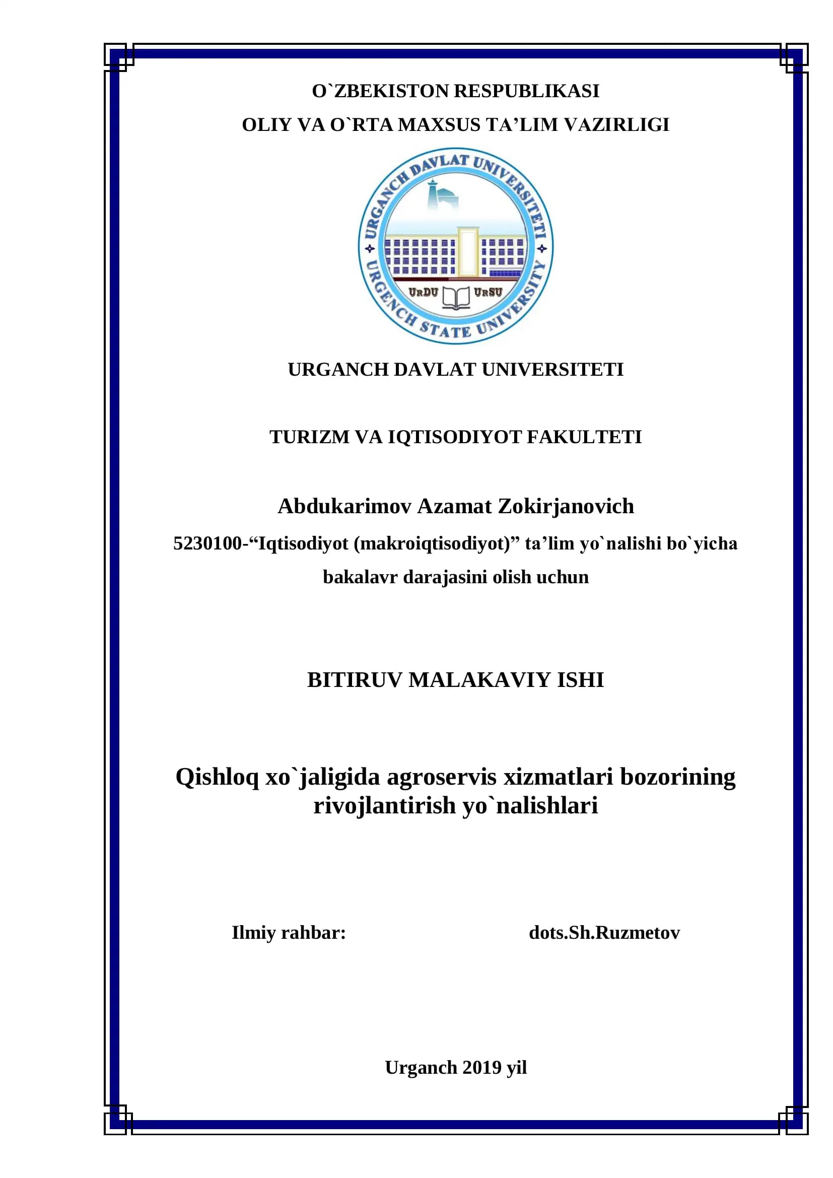 QISHLOQ XO`JALIGIDA AGROSERVIS XIZMATLARI BOZORINING RIVOJLANTIRISH YO`NALISHLARI