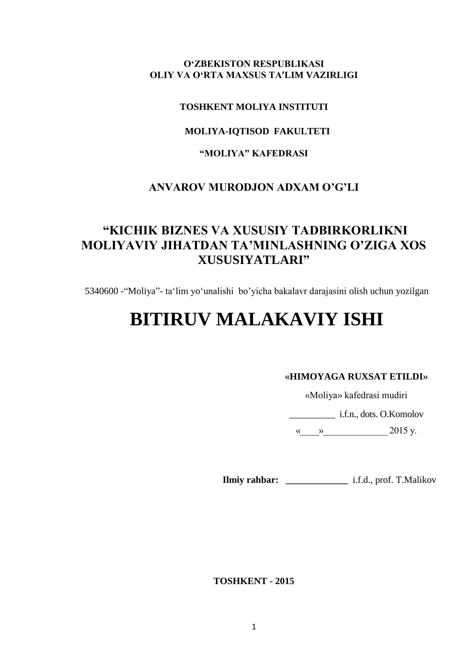 MOLIYA BITIRUV MALAKAVIY ISHI
