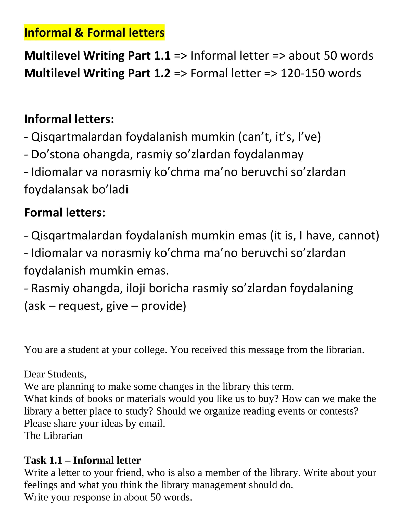 Multilevel Writing Part 1.1 - Informal letter