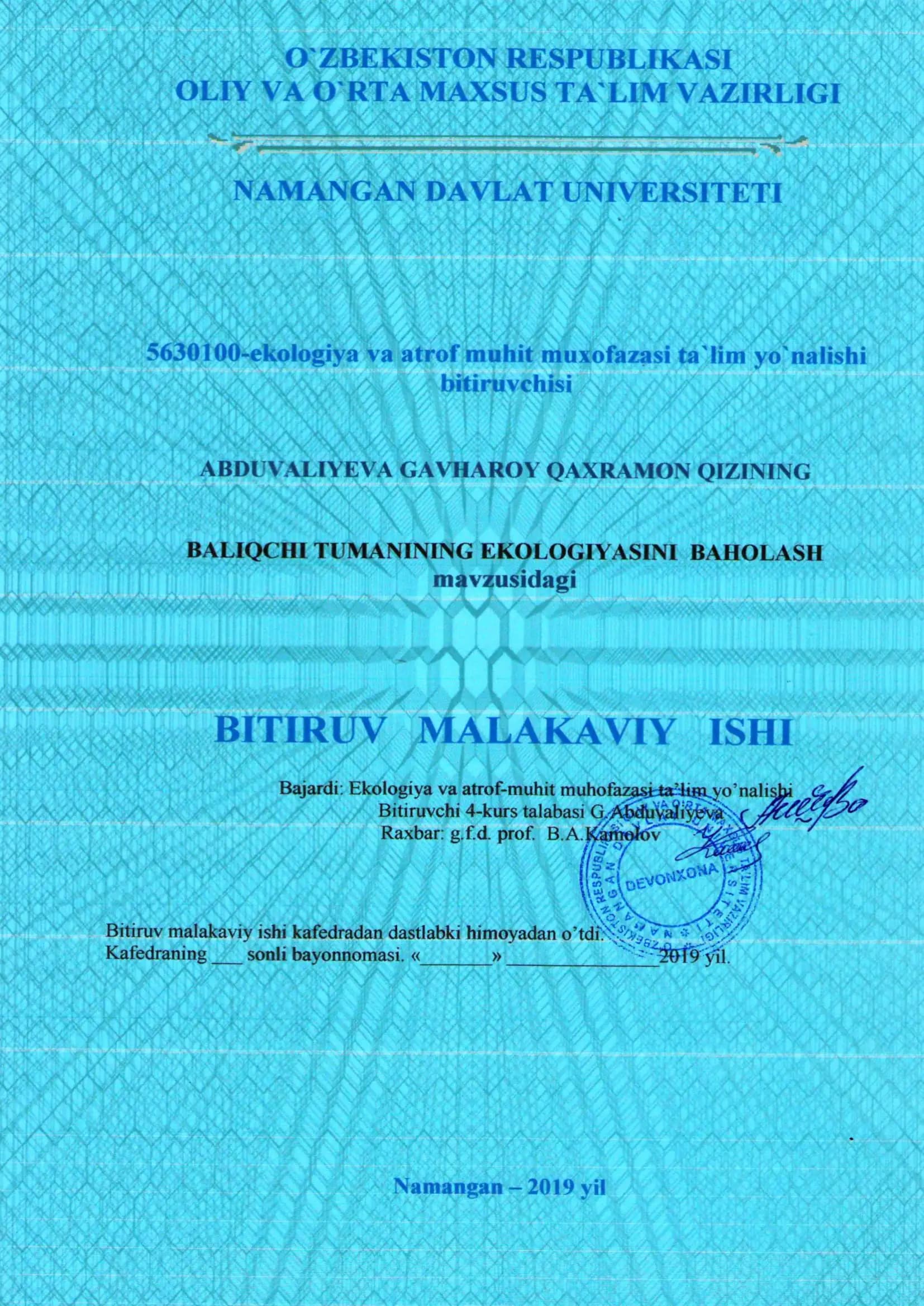 BALIQCHI TUMANINING TABIATI VA IQTISODIYOTI
